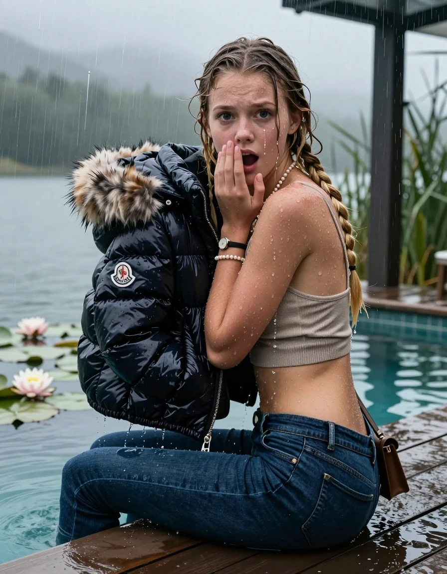 photo of young woman, in soaking wet, drenched clothes,
, Dark blue levis skinny jeans, Moncler shiny puffer down jacket with fur, Open jacket, tight v-neck sweater, shoulderbag, pearl necklace, bracelet, wristwatch, Orgasm in jetty by the lake with water lilies and reeds, 
enjoying, wet clothes stuck to body,
detailed textures of the wet clothes, wet face, wet plastered hair,
wet, drenched, professional, high-quality details, full body view.
sharp focus, ultra-high pixel detail, realistic, high-quality, full colors, incredibly detailed, 4k, 8k, 16k, hyper-realistic, RAW photo, masterpiece, ultra-detailed, professionally color graded, professional photograph, A realistic vertical fashion photograph taken from a backward, behind-the-back angle of a 15-year-old teenage girl sitting  in a glass-walled outdoor swimming pool, facing down to the camera to show her back. She is tilting her head at camera, letting the water drench her hair so it is glued flat against her head and body. She has two blonde long braids , completely saturated and dripping wet hair, with water cascading down her face and neck. Afraid and astonished expression. Hold her hands on her mouth. open mouth, big eyes. The lighting is bright and cinematic, highlighting the glistening water droplets on her skin and the saturated texture of her  casual clothes. Outside the large glass wall of the pool building, heavy rain is visible falling against the window. Soft, moody indoor lighting with reflections on the water. High-quality fashion photography style.
her clothing is soaking wet and clinging tightly to her skin, showing heavy wet folds, darkened fabric texture, and deep water-saturated Patches, her clothes are heavy from the water, water runs from her body and her clothes in streams. A lot of water also runs out of her clothes. Her clothes are darkened by the water. 
hyper-realistic wetness, high-contrast water sheen, sharp focus, 16k resolution, professional photography, realistic water physics., wet skin, wet clothes, damp fabric, wet skin, wet clothes, damp fabric, wet skin, wet clothes, damp fabric, wet skin, wet clothes, damp fabric, wet skin, wet clothes, damp fabric, wet skin, wet clothes, damp fabric, wet skin, wet clothes, damp fabric, wet skin, wet clothes, damp fabric, wet skin, wet clothes, damp fabric, wet skin, wet clothes, damp fabric, wet skin, wet clothes, damp fabric, wet skin, wet clothes, damp fabric, wet skin, wet clothes, damp fabric, wet skin, wet clothes, damp fabric, wet skin, wet clothes, damp fabric, wet skin, wet clothes, damp fabric, wet skin, wet clothes, damp fabric, wet skin, wet clothes, damp fabric, wet skin, wet clothes, damp fabric, wet skin, wet clothes, damp fabric, wet skin, wet clothes, damp fabric