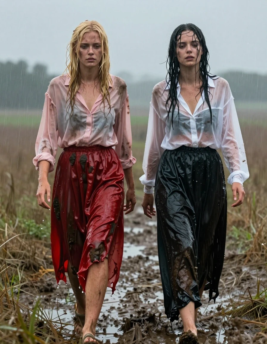 A photorealistic cinematic shot of two exhausted, disheveled young adult European women, one blonde and one brunette, walking through vast, muddy fields during a heavy rainstorm. They appear dirty, with smudged faces and matted, rain-soaked hair clinging to their skin. The blonde woman wears a light pink buttoned-down blouse, now translucent and clinging to her skin from the downpour, paired with a floor-length red silk skirt that is heavy with water, clinging to her legs, with darkened, saturated fabric and deep, dripping folds. She wears delicate sandals over sheer stockings that are dark and water-logged. The brunette woman wears a sheer white blouse, completely soaked and transparent, paired with a black maxi skirt that is heavy, sodden, and clinging to her frame, with mud splatters along the hem. Both women have visible wet skin, glistening with rainwater, and their clothes are visibly heavy, darkened, and textured by the deluge. The environment is a gloomy, overcast landscape with mud-slicked ground and tall, flattened grass. Shot with a 35mm lens, high-shutter speed to capture falling rain streaks, moody atmosphere, hyper-realistic textures, visible water sheen on fabric and skin, dramatic lighting, 8k resolution, highly detailed.