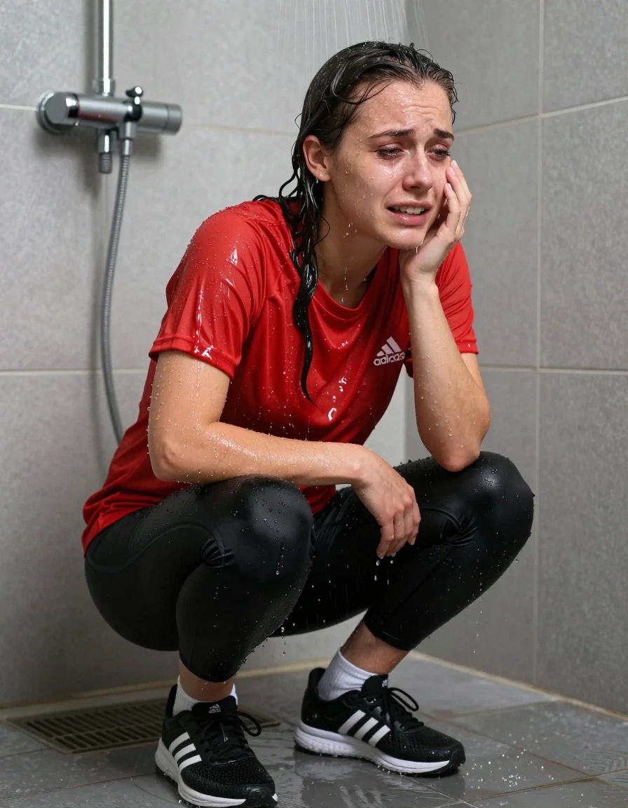 photo of young woman, in soaking wet, drenched clothes,
black aidas running sneakers, white socks, black adidas leggins, red adidas t shirt, shower, 
enjoying, wet clothes stuck to body,
detailed textures of the wet clothes, wet face, wet plastered hair,
wet, drenched, professional, high-quality details, full body view.
sharp focus, ultra-high pixel detail, realistic, high-quality, full colors, incredibly detailed, 4k, 8k, 16k, hyper-realistic, RAW photo, masterpiece, ultra-detailed, professionally color graded, professional photograph, crying under shower, wet skin, wet clothes, damp fabric