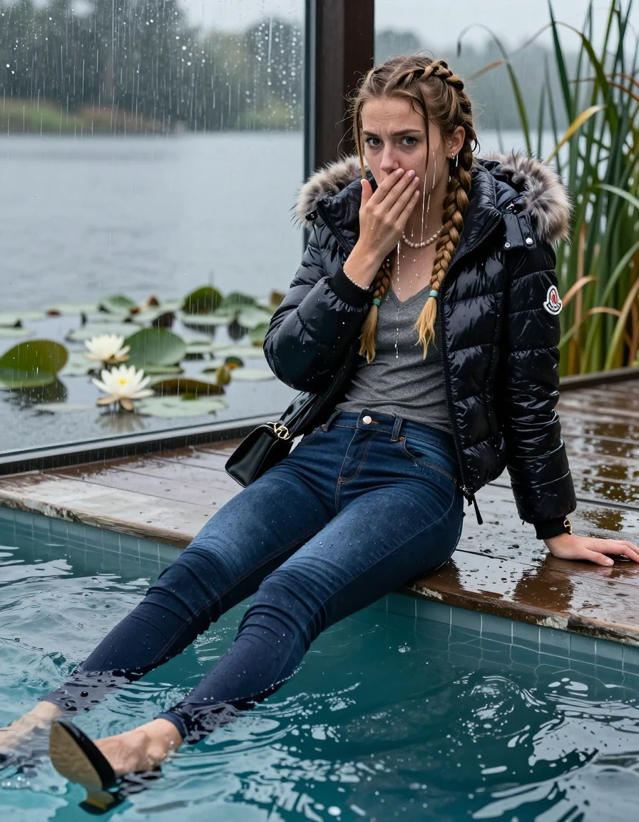 photo of young woman, in soaking wet, drenched clothes,
Black high heels, Dark blue levis skinny jeans, Moncler shiny puffer down jacket with fur, Open jacket, tight v-neck sweater, shoulderbag, pearl necklace, bracelet, wristwatch, Orgasm in jetty by the lake with water lilies and reeds, 
enjoying, wet clothes stuck to body,
detailed textures of the wet clothes, wet face, wet plastered hair,
wet, drenched, professional, high-quality details, full body view.
sharp focus, ultra-high pixel detail, realistic, high-quality, full colors, incredibly detailed, 4k, 8k, 16k, hyper-realistic, RAW photo, masterpiece, ultra-detailed, professionally color graded, professional photograph, A realistic vertical fashion photograph taken from a backward, behind-the-back angle of a 15-year-old teenage girl lying in a glass-walled outdoor swimming pool, facing down to the camera to show her back. She is tilting her head at camera, letting the water drench her hair so it is glued flat against her head and body. She has two blonde long braids , completely saturated and dripping wet hair, with water cascading down her face and neck. Afraid and astonished Expression. Hold her hands over her mouth and nose. Closed mouth, big eyes. The lighting is bright and cinematic, highlighting the glistening water droplets on her skin and the saturated texture of her  casual clothes. Outside the large glass wall of the pool building, heavy rain is visible falling against the window. Soft, moody indoor lighting with reflections on the water. High-quality fashion photography style.
her clothing is soaking wet and clinging tightly to her skin, showing heavy wet folds, darkened fabric texture, and deep water-saturated Patches, her clothes are heavy from the water, water runs from her body and her clothes in streams. A lot of water also runs out of her clothes. Her clothes are darkened by the water. 
hyper-realistic wetness, high-contrast water sheen, sharp focus, 16k resolution, professional photography, realistic water physics., wet skin, wet clothes, damp fabric, wet skin, wet clothes, damp fabric, wet skin, wet clothes, damp fabric, wet skin, wet clothes, damp fabric, wet skin, wet clothes, damp fabric, wet skin, wet clothes, damp fabric, wet skin, wet clothes, damp fabric, wet skin, wet clothes, damp fabric, wet skin, wet clothes, damp fabric, wet skin, wet clothes, damp fabric, wet skin, wet clothes, damp fabric, wet skin, wet clothes, damp fabric, wet skin, wet clothes, damp fabric, wet skin, wet clothes, damp fabric, wet skin, wet clothes, damp fabric, wet skin, wet clothes, damp fabric, wet skin, wet clothes, damp fabric, wet skin, wet clothes, damp fabric, wet skin, wet clothes, damp fabric, wet skin, wet clothes, damp fabric, wet skin, wet clothes, damp fabric