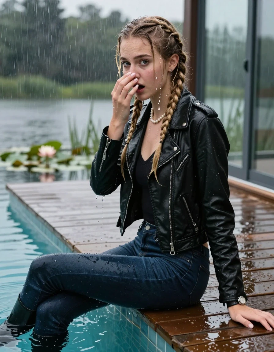photo of young woman, in soaking wet, drenched clothes,
Black high boots, Dark blue levis skinny jeans, Black biker leatherjacket, Open jacket, tight v-neck sweater, shoulderbag, pearl necklace, bracelet, wristwatch, Orgasm in jetty by the lake with water lilies and reeds, 
enjoying, wet clothes stuck to body,
detailed textures of the wet clothes, wet face, wet plastered hair,
wet, drenched, professional, high-quality details, full body view.
sharp focus, ultra-high pixel detail, realistic, high-quality, full colors, incredibly detailed, 4k, 8k, 16k, hyper-realistic, RAW photo, masterpiece, ultra-detailed, professionally color graded, professional photograph, A realistic vertical fashion photograph taken from a backward, behind-the-back angle of a 15-year-old teenage girl sitting  in a glass-walled outdoor swimming pool, facing down to the camera to show her back. She is tilting her head at camera, letting the water drench her hair so it is glued flat against her head and body. She has two blonde long braids , completely saturated and dripping wet hair, with water cascading down her face and neck. Afraid and astonished Expression. Hold a hand over her nose. Closed mouth, big eyes. The lighting is bright and cinematic, highlighting the glistening water droplets on her skin and the saturated texture of her  casual clothes. Outside the large glass wall of the pool building, heavy rain is visible falling against the window. Soft, moody indoor lighting with reflections on the water. High-quality fashion photography style.
her clothing is soaking wet and clinging tightly to her skin, showing heavy wet folds, darkened fabric texture, and deep water-saturated Patches, her clothes are heavy from the water, water runs from her body and her clothes in streams. A lot of water also runs out of her clothes. Her clothes are darkened by the water. 
hyper-realistic wetness, high-contrast water sheen, sharp focus, 16k resolution, professional photography, realistic water physics., wet skin, wet clothes, damp fabric, wet skin, wet clothes, damp fabric, wet skin, wet clothes, damp fabric, wet skin, wet clothes, damp fabric, wet skin, wet clothes, damp fabric, wet skin, wet clothes, damp fabric, wet skin, wet clothes, damp fabric, wet skin, wet clothes, damp fabric, wet skin, wet clothes, damp fabric, wet skin, wet clothes, damp fabric, wet skin, wet clothes, damp fabric, wet skin, wet clothes, damp fabric, wet skin, wet clothes, damp fabric, wet skin, wet clothes, damp fabric, wet skin, wet clothes, damp fabric, wet skin, wet clothes, damp fabric, wet skin, wet clothes, damp fabric, wet skin, wet clothes, damp fabric, wet skin, wet clothes, damp fabric, wet skin, wet clothes, damp fabric, wet skin, wet clothes, damp fabric