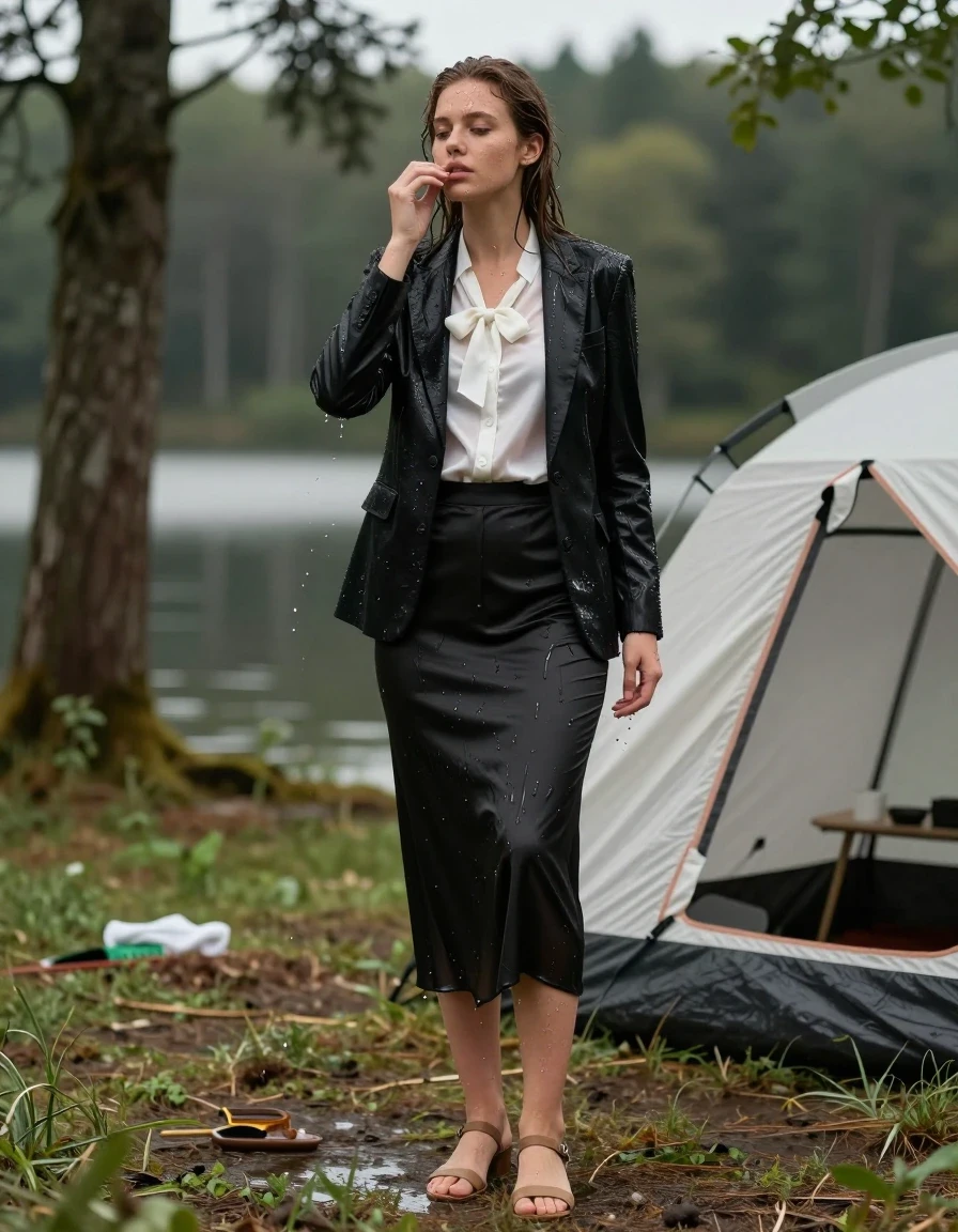 photo of young woman, in soaking wet, drenched clothes,
sandals, floor-length silk skirt, black blazer, white satin blouse, bowtie, forest next to a lake shore, 
enjoying, wet clothes stuck to body,
detailed textures of the wet clothes, wet face, wet plastered hair,
wet, drenched, professional, high-quality details, full body view.
sharp focus, ultra-high pixel detail, realistic, high-quality, full colors, incredibly detailed, 4k, 8k, 16k, hyper-realistic, RAW photo, masterpiece, ultra-detailed, professionally color graded, professional photograph, working home office from her tent fully drenched, wet skin, wet clothes, damp fabric, wet skin, wet clothes, damp fabric
