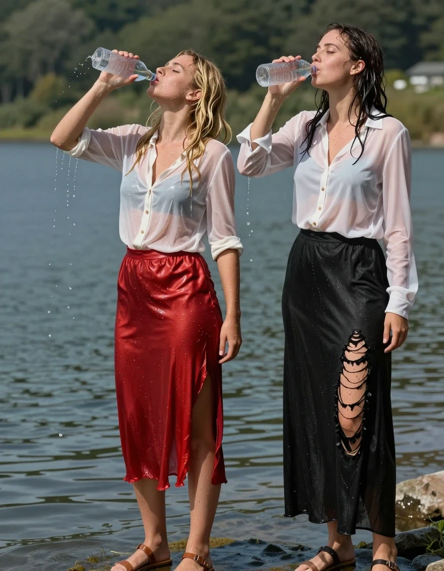 photo of young woman, in soaking wet, drenched clothes,
sandals, floor-length red silk skirt, stockings, 2nd woman: black maxi skirt, light pink buttoned down blouse, 2nd woman: sheer white blouse, at a lake, 
enjoying, wet clothes stuck to body,
detailed textures of the wet clothes, wet face, wet plastered hair,
wet, drenched, professional, high-quality details, full body view.
sharp focus, ultra-high pixel detail, realistic, high-quality, full colors, incredibly detailed, 4k, 8k, 16k, hyper-realistic, RAW photo, masterpiece, ultra-detailed, professionally color graded, professional photograph, exhausted, hastily drinking from the water sweaty and dirty, a blonde and a brunette, ripped clothes, wet skin, wet clothes, damp fabric, wet skin, wet clothes, damp fabric