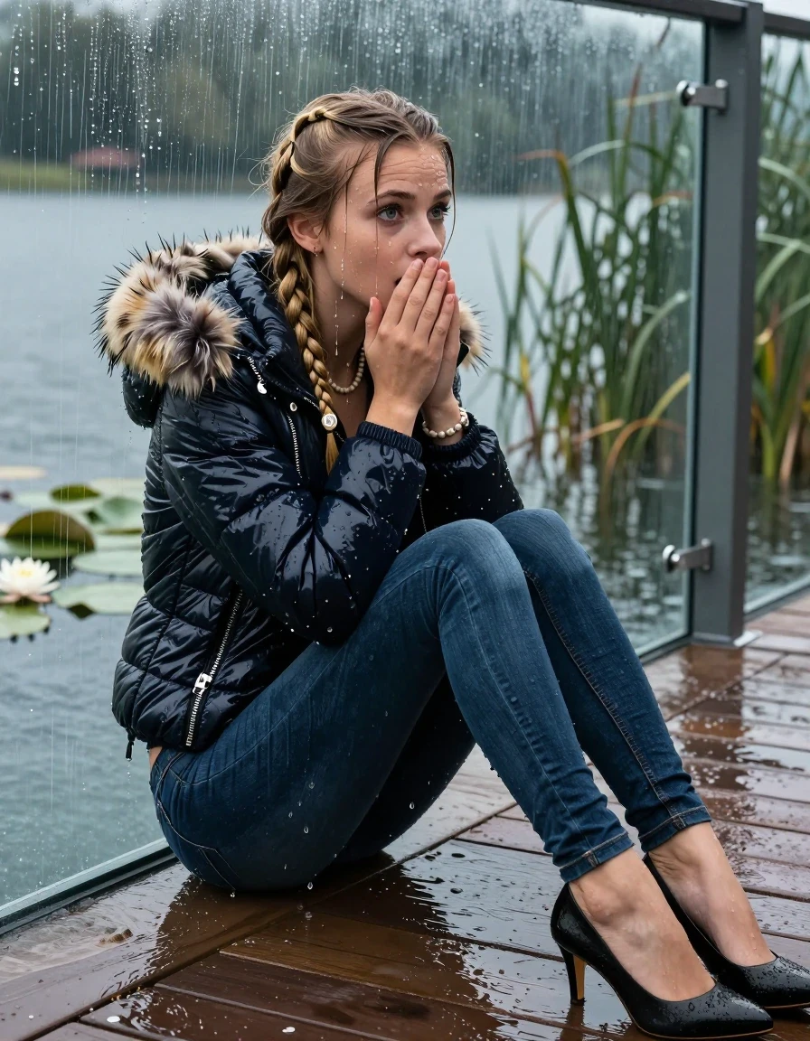 photo of young woman, in soaking wet, drenched clothes,
Black high heels, Dark blue levis skinny jeans, Moncler shiny puffer down jacket with fur, Open jacket, tight v-neck sweater, shoulderbag, pearl necklace, bracelet, wristwatch, Orgasm in jetty by the lake with water lilies and reeds, 
enjoying, wet clothes stuck to body,
detailed textures of the wet clothes, wet face, wet plastered hair,
wet, drenched, professional, high-quality details, full body view.
sharp focus, ultra-high pixel detail, realistic, high-quality, full colors, incredibly detailed, 4k, 8k, 16k, hyper-realistic, RAW photo, masterpiece, ultra-detailed, professionally color graded, professional photograph, A realistic vertical fashion photograph taken from a backward, behind-the-back angle of a 15-year-old teenage girl sitting  and slides in a glass-walled outdoor swimming pool, facing down to the camera to show her back. She is tilting her head at camera, letting the water drench her hair so it is glued flat against her head and body. She has two blonde long braids , completely saturated and dripping wet hair, with water cascading down her face and neck. Afraid and astonished expression. Hold her hands on her mouth. Closed mouth, big eyes. The lighting is bright and cinematic, highlighting the glistening water droplets on her skin and the saturated texture of her  casual clothes. Outside the large glass wall of the pool building, heavy rain is visible falling against the window. Soft, moody indoor lighting with reflections on the water. High-quality fashion photography style.
her clothing is soaking wet and clinging tightly to her skin, showing heavy wet folds, darkened fabric texture, and deep water-saturated Patches, her clothes are heavy from the water, water runs from her body and her clothes in streams. A lot of water also runs out of her clothes. Her clothes are darkened by the water. 
hyper-realistic wetness, high-contrast water sheen, sharp focus, 16k resolution, professional photography, realistic water physics., wet skin, wet clothes, damp fabric, wet skin, wet clothes, damp fabric, wet skin, wet clothes, damp fabric, wet skin, wet clothes, damp fabric, wet skin, wet clothes, damp fabric, wet skin, wet clothes, damp fabric, wet skin, wet clothes, damp fabric, wet skin, wet clothes, damp fabric, wet skin, wet clothes, damp fabric, wet skin, wet clothes, damp fabric, wet skin, wet clothes, damp fabric, wet skin, wet clothes, damp fabric, wet skin, wet clothes, damp fabric, wet skin, wet clothes, damp fabric, wet skin, wet clothes, damp fabric, wet skin, wet clothes, damp fabric, wet skin, wet clothes, damp fabric, wet skin, wet clothes, damp fabric, wet skin, wet clothes, damp fabric, wet skin, wet clothes, damp fabric, wet skin, wet clothes, damp fabric