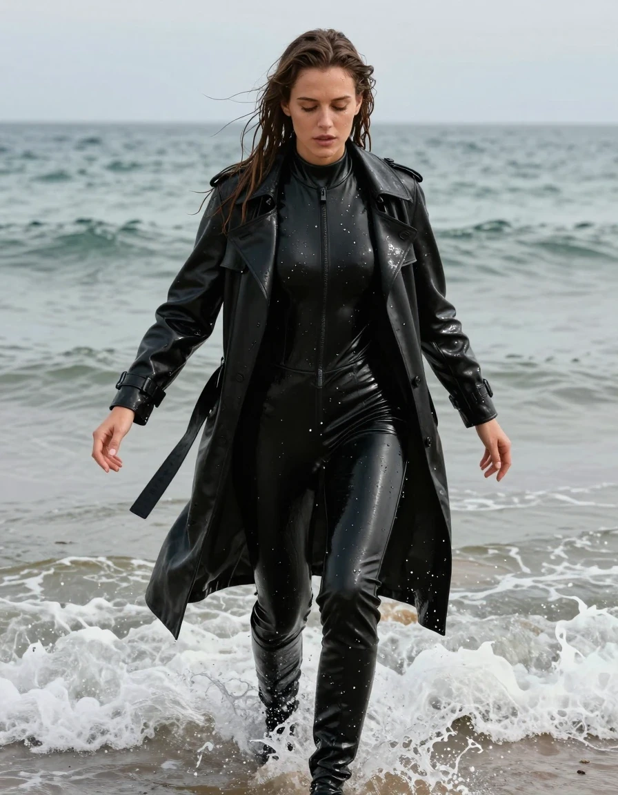 photo of young woman, in soaking wet, drenched clothes,
black leather knee-high boots, black vinyl pants, black vinyl polar neck catsuit , black vinyl trench coat, diving into the waves at the beach, 
enjoying, wet clothes stuck to body,
detailed textures of the wet clothes, wet face, wet plastered hair,
wet, drenched, professional, high-quality details, full body view.
sharp focus, ultra-high pixel detail, realistic, high-quality, full colors, incredibly detailed, 4k, 8k, 16k, hyper-realistic, RAW photo, masterpiece, ultra-detailed, professionally color graded, professional photograph, white woman, long dripping wet brown hair,, wet skin, wet clothes, damp fabric, wet skin, wet clothes, damp fabric, wet skin, wet clothes, damp fabric