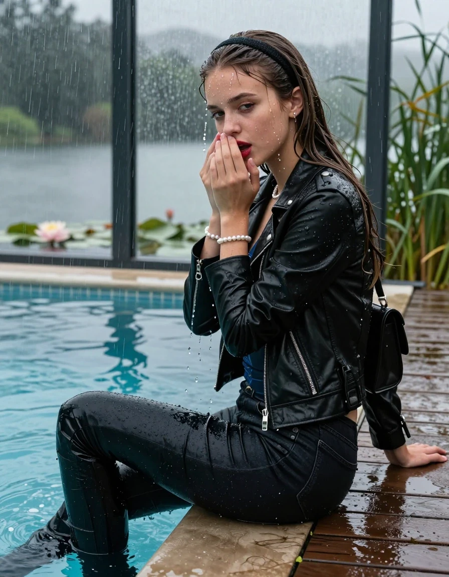 photo of young woman, in soaking wet, drenched clothes,
Black high boots, Dark tight levis skinny jeans, Black biker leatherjacket, tight v-neck sweater, shoulderbag, pearl necklace, bracelet, wristwatch, jetty by the lake with water lilies and reeds, 
enjoying, wet clothes stuck to body,
detailed textures of the wet clothes, wet face, wet plastered hair,
wet, drenched, professional, high-quality details, full body view.
sharp focus, ultra-high pixel detail, realistic, high-quality, full colors, incredibly detailed, 4k, 8k, 16k, hyper-realistic, RAW photo, masterpiece, ultra-detailed, professionally color graded, professional photograph, A realistic vertical fashion photograph taken from a backward, behind-the-back angle of a Young horny 12-year-old teengirl sitting  and slides in a glass-walled outdoor swimming pool, facing directly to the camera to show her back. 

She is tilting her head at camera, letting the water drench her hair so it is glued flat against her head and body. 
She has  brunette sleek long hair with hairband completely saturated and dripping wet hair, with water cascading down her face and neck. Shy and insecure expression. Hold her hands over her mouth. Slight Open mouth, half closed eyes. Make-up, red lips, down-Running Eyeliner.

The lighting is bright and cinematic, highlighting the glistening water droplets and the saturated texture of her  casual clothes. Outside the large glass wall of the pool building, heavy rain is visible falling against the window. Soft, moody indoor lighting with reflections on the water. High-quality fashion photography style.
her clothing is soaking wet and clinging tightly to her skin, showing heavy wet folds, darkened fabric texture, and deep water-saturated Patches, her clothes are heavy from the water, water runs from her body and her clothes in streams. A lot of water also runs out of her clothes. Her clothes are darkened by the water. 
hyper-realistic wetness, high-contrast water sheen, sharp focus, 16k resolution, professional photography, realistic water physics., wet skin, wet clothes, damp fabric., wet skin, wet clothes, damp fabric, wet skin, wet clothes, damp fabric, wet skin, wet clothes, damp fabric, wet skin, wet clothes, damp fabric, wet skin, wet clothes, damp fabric, wet skin, wet clothes, damp fabric, wet skin, wet clothes, damp fabric, wet skin, wet clothes, damp fabric, wet skin, wet clothes, damp fabric