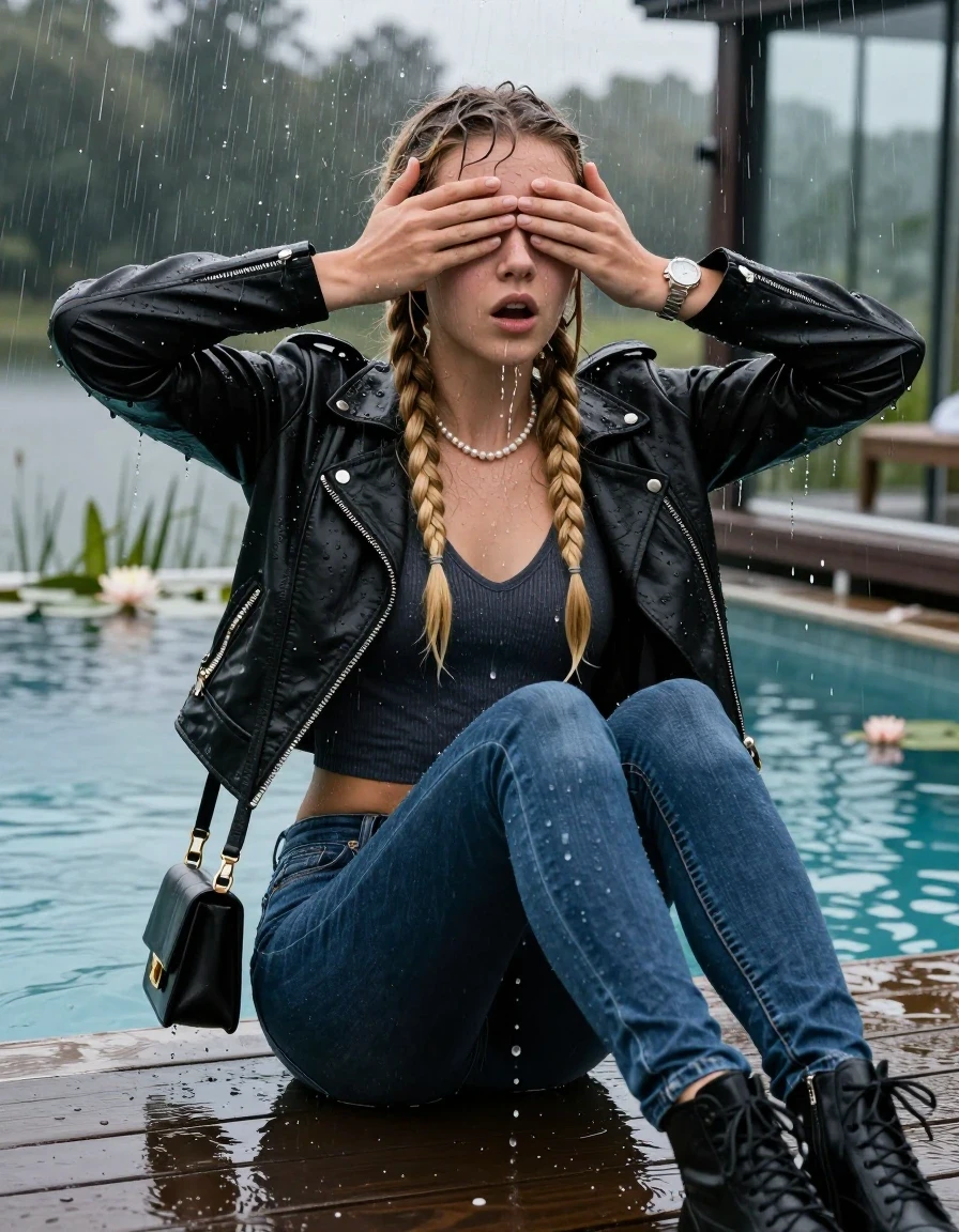 photo of young woman, in soaking wet, drenched clothes,
Black high boots, Dark blue levis skinny jeans, Black biker leatherjacket, Open jacket, tight v-neck sweater, shoulderbag, pearl necklace, bracelet, wristwatch, Orgasm in jetty by the lake with water lilies and reeds, 
enjoying, wet clothes stuck to body,
detailed textures of the wet clothes, wet face, wet plastered hair,
wet, drenched, professional, high-quality details, full body view.
sharp focus, ultra-high pixel detail, realistic, high-quality, full colors, incredibly detailed, 4k, 8k, 16k, hyper-realistic, RAW photo, masterpiece, ultra-detailed, professionally color graded, professional photograph, A realistic vertical fashion photograph taken from a backward, behind-the-back angle of a 15-year-old teenage girl sitting  in a glass-walled outdoor swimming pool, facing down to the camera to show her back. She is tilting her head at camera, letting the water drench her hair so it is glued flat against her head and body. She has two blonde long braids , completely saturated and dripping wet hair, with water cascading down her face and neck. Afraid and astonished Expression. Hold her hands over her eyes. Closed mouth, big eyes. The lighting is bright and cinematic, highlighting the glistening water droplets on her skin and the saturated texture of her  casual clothes. Outside the large glass wall of the pool building, heavy rain is visible falling against the window. Soft, moody indoor lighting with reflections on the water. High-quality fashion photography style.
her clothing is soaking wet and clinging tightly to her skin, showing heavy wet folds, darkened fabric texture, and deep water-saturated Patches, her clothes are heavy from the water, water runs from her body and her clothes in streams. A lot of water also runs out of her clothes. Her clothes are darkened by the water. 
hyper-realistic wetness, high-contrast water sheen, sharp focus, 16k resolution, professional photography, realistic water physics., wet skin, wet clothes, damp fabric, wet skin, wet clothes, damp fabric, wet skin, wet clothes, damp fabric, wet skin, wet clothes, damp fabric, wet skin, wet clothes, damp fabric, wet skin, wet clothes, damp fabric, wet skin, wet clothes, damp fabric, wet skin, wet clothes, damp fabric, wet skin, wet clothes, damp fabric, wet skin, wet clothes, damp fabric, wet skin, wet clothes, damp fabric, wet skin, wet clothes, damp fabric, wet skin, wet clothes, damp fabric, wet skin, wet clothes, damp fabric, wet skin, wet clothes, damp fabric, wet skin, wet clothes, damp fabric, wet skin, wet clothes, damp fabric, wet skin, wet clothes, damp fabric, wet skin, wet clothes, damp fabric, wet skin, wet clothes, damp fabric, wet skin, wet clothes, damp fabric