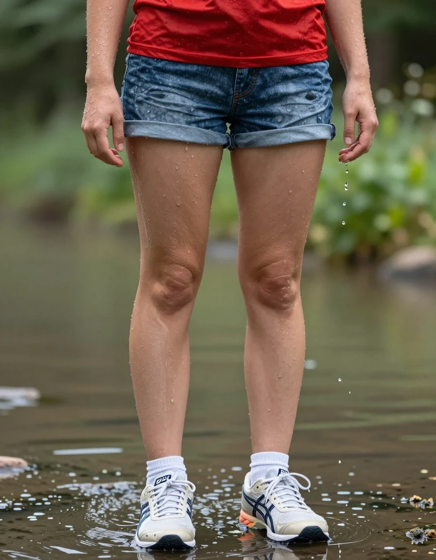 photo of young woman, in soaking wet, drenched clothes,
asics  sneakers, white socks, jeans shorts, red t shirt, outdoor, 
enjoying, wet clothes stuck to body,
detailed textures of the wet clothes, wet face, wet plastered hair,
wet, drenched, professional, high-quality details, full body view.
sharp focus, ultra-high pixel detail, realistic, high-quality, full colors, incredibly detailed, 4k, 8k, 16k, hyper-realistic, RAW photo, masterpiece, ultra-detailed, professionally color graded, professional photograph, standing in pond, wet skin, wet clothes, damp fabric
