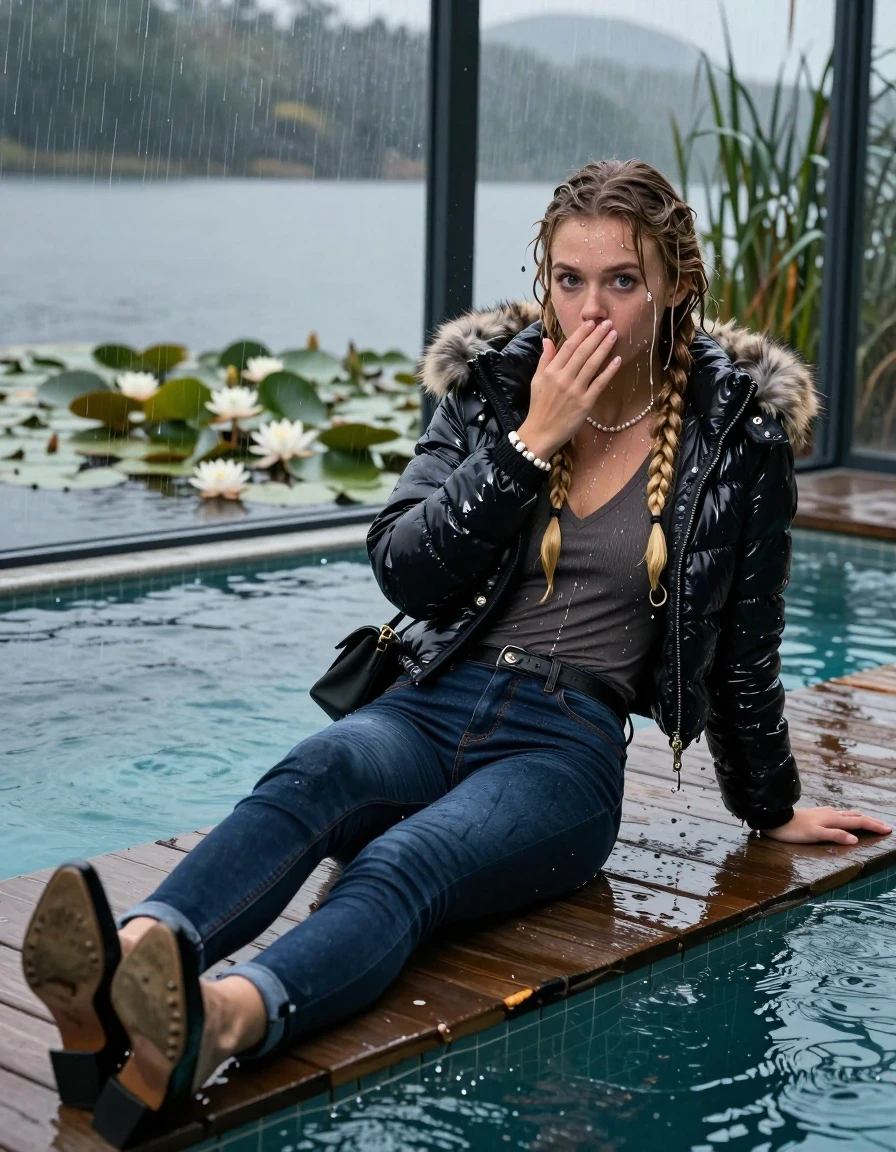 photo of young woman, in soaking wet, drenched clothes,
Black high heels, Dark blue levis skinny jeans, Moncler shiny puffer down jacket with fur, Open jacket, tight v-neck sweater, shoulderbag, pearl necklace, bracelet, wristwatch, Orgasm in jetty by the lake with water lilies and reeds, 
enjoying, wet clothes stuck to body,
detailed textures of the wet clothes, wet face, wet plastered hair,
wet, drenched, professional, high-quality details, full body view.
sharp focus, ultra-high pixel detail, realistic, high-quality, full colors, incredibly detailed, 4k, 8k, 16k, hyper-realistic, RAW photo, masterpiece, ultra-detailed, professionally color graded, professional photograph, A realistic vertical fashion photograph taken from a backward, behind-the-back angle of a 15-year-old teenage girl lying in a glass-walled outdoor swimming pool, facing down to the camera to show her back. She is tilting her head at camera, letting the water drench her hair so it is glued flat against her head and body. She has two blonde long braids , completely saturated and dripping wet hair, with water cascading down her face and neck. Afraid and astonished Expression. Hold her hands over her mouth and nose. Closed mouth, big eyes. The lighting is bright and cinematic, highlighting the glistening water droplets on her skin and the saturated texture of her  casual clothes. Outside the large glass wall of the pool building, heavy rain is visible falling against the window. Soft, moody indoor lighting with reflections on the water. High-quality fashion photography style.
her clothing is soaking wet and clinging tightly to her skin, showing heavy wet folds, darkened fabric texture, and deep water-saturated Patches, her clothes are heavy from the water, water runs from her body and her clothes in streams. A lot of water also runs out of her clothes. Her clothes are darkened by the water. 
hyper-realistic wetness, high-contrast water sheen, sharp focus, 16k resolution, professional photography, realistic water physics., wet skin, wet clothes, damp fabric, wet skin, wet clothes, damp fabric, wet skin, wet clothes, damp fabric, wet skin, wet clothes, damp fabric, wet skin, wet clothes, damp fabric, wet skin, wet clothes, damp fabric, wet skin, wet clothes, damp fabric, wet skin, wet clothes, damp fabric, wet skin, wet clothes, damp fabric, wet skin, wet clothes, damp fabric, wet skin, wet clothes, damp fabric, wet skin, wet clothes, damp fabric, wet skin, wet clothes, damp fabric, wet skin, wet clothes, damp fabric, wet skin, wet clothes, damp fabric, wet skin, wet clothes, damp fabric, wet skin, wet clothes, damp fabric, wet skin, wet clothes, damp fabric, wet skin, wet clothes, damp fabric, wet skin, wet clothes, damp fabric, wet skin, wet clothes, damp fabric