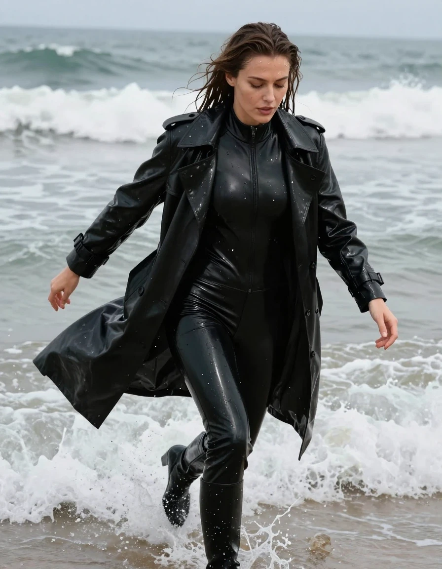 photo of young woman, in soaking wet, drenched clothes,
black leather knee-high boots, black vinyl pants, black vinyl polar neck catsuit , black vinyl trench coat, diving into the waves at the beach, 
enjoying, wet clothes stuck to body,
detailed textures of the wet clothes, wet face, wet plastered hair,
wet, drenched, professional, high-quality details, full body view.
sharp focus, ultra-high pixel detail, realistic, high-quality, full colors, incredibly detailed, 4k, 8k, 16k, hyper-realistic, RAW photo, masterpiece, ultra-detailed, professionally color graded, professional photograph, white woman, long dripping wet brown hair,, wet skin, wet clothes, damp fabric, wet skin, wet clothes, damp fabric, wet skin, wet clothes, damp fabric