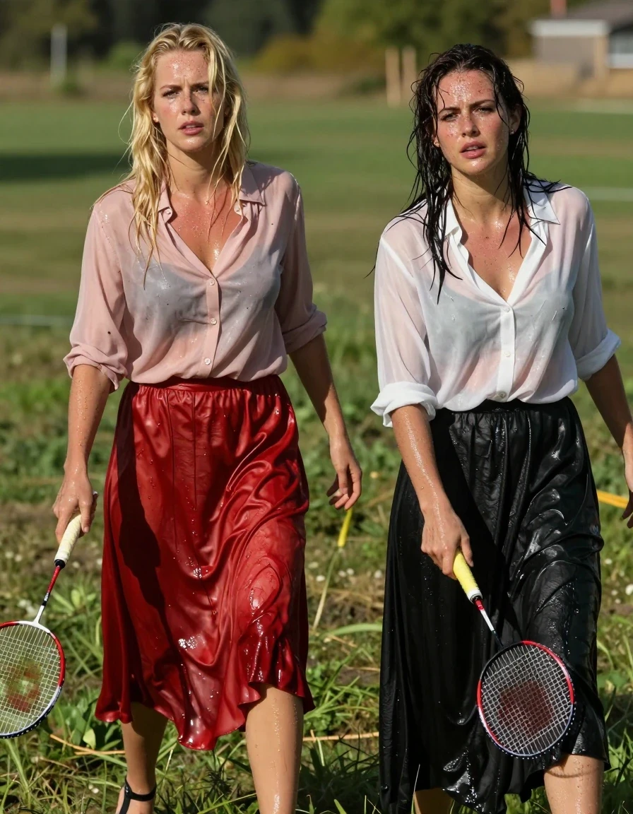 Photorealistic medium shot of a blonde European woman and a brunette European woman playing badminton in a sun-drenched field. The blonde woman wears a light pink buttoned-down blouse and a floor-length red silk skirt with stockings and sandals. The brunette woman wears a sheer white blouse and a black maxi skirt. Both women are visibly exhausted, sweaty, and dirty, with skin glistening and hair damp from exertion. Their clothing is thoroughly soaked and clinging to their bodies, with the silk and sheer fabrics appearing darkened, heavy, and translucent where they cling to the skin. The scene captures the high-contrast lighting of the sun, emphasizing the wet sheen on their skin and the moisture-laden texture of the damp, clinging fabrics. Intricate details include water-darkened folds, clinging fabric textures, and visible perspiration on their faces and limbs, set against a vibrant, sunlit outdoor field background, 8k resolution, cinematic lighting, highly detailed skin texture.
