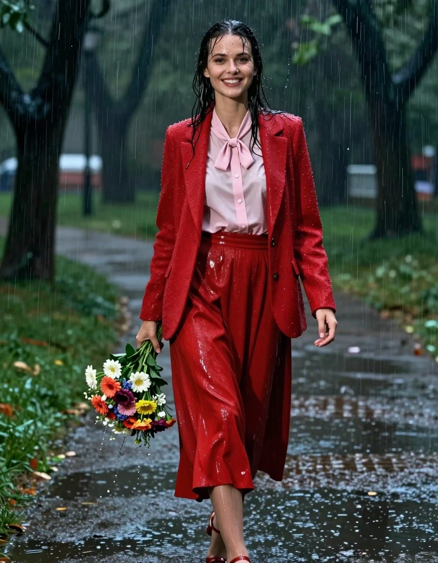 A photorealistic portrait of a young adult European woman standing in a lush park at night during a torrential downpour. She is wearing a light pink buttoned-down blouse with a pussy bow, layered under a vibrant red cashmere blazer, paired with a floor-length red cashmere skirt and sheer stockings, finished with elegant sandals. The clothing is heavily soaked, with the cashmere fabric appearing darkened, weighed down, and clinging to her form with realistic damp textures, deep saturated hues, and heavy folds. Her skin and hair are glistening with water, featuring a visible sheen and droplets, reflecting the ambient park lighting. She has a joyful, radiant expression, clearly happy despite the heavy rain, holding a bouquet of flowers. The environment is dark and atmospheric, with rain streaking the scene and illuminating the surroundings. The image is captured with professional photography techniques, emphasizing high-contrast specular reflections on her wet skin and fabric, sharp focus on the textures, and a cinematic depth of field.