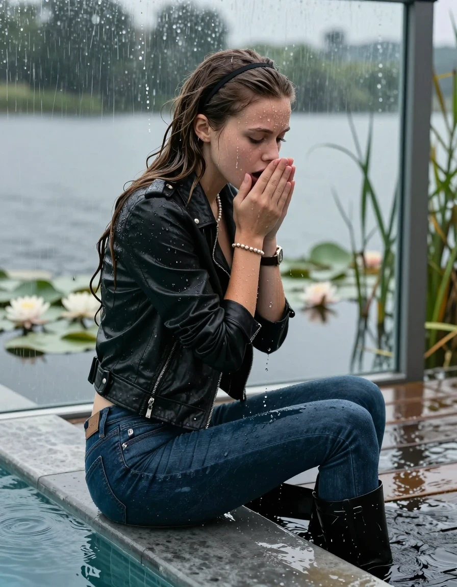 photo of young woman, in soaking wet, drenched clothes,
Black high boots, Dark blue levis skinny jeans, Black biker leatherjacket, Open jacket, tight v-neck sweater, shoulderbag, pearl necklace, bracelet, wristwatch, Orgasm in jetty by the lake with water lilies and reeds, 
enjoying, wet clothes stuck to body,
detailed textures of the wet clothes, wet face, wet plastered hair,
wet, drenched, professional, high-quality details, full body view.
sharp focus, ultra-high pixel detail, realistic, high-quality, full colors, incredibly detailed, 4k, 8k, 16k, hyper-realistic, RAW photo, masterpiece, ultra-detailed, professionally color graded, professional photograph, A realistic vertical fashion photograph taken from a backward, behind-the-back angle of a 12-year-old teenage girl sitting  in a glass-walled outdoor swimming pool, facing down to the camera to show her back. She is tilting her head at camera, letting the water drench her hair so it is glued flat against her head and body. She has long sleek hair with hairband, completely saturated and dripping wet hair, with water cascading down her face and neck. Afraid and astonished Expression. Hold her hands over her mouth. Closed mouth, closed eyes. The lighting is bright and cinematic, highlighting the glistening water droplets on her skin and the saturated texture of her  casual clothes. Outside the large glass wall of the pool building, heavy rain is visible falling against the window. Soft, moody indoor lighting with reflections on the water. High-quality fashion photography style.
her clothing is soaking wet and clinging tightly to her skin, showing heavy wet folds, darkened fabric texture, and deep water-saturated Patches, her clothes are heavy from the water, water runs from her body and her clothes in streams. A lot of water also runs out of her clothes. Her clothes are darkened by the water. 
hyper-realistic wetness, high-contrast water sheen, sharp focus, 16k resolution, professional photography, realistic water physics., wet skin, wet clothes, damp fabric, wet skin, wet clothes, damp fabric, wet skin, wet clothes, damp fabric, wet skin, wet clothes, damp fabric, wet skin, wet clothes, damp fabric, wet skin, wet clothes, damp fabric, wet skin, wet clothes, damp fabric, wet skin, wet clothes, damp fabric, wet skin, wet clothes, damp fabric, wet skin, wet clothes, damp fabric, wet skin, wet clothes, damp fabric, wet skin, wet clothes, damp fabric, wet skin, wet clothes, damp fabric, wet skin, wet clothes, damp fabric, wet skin, wet clothes, damp fabric, wet skin, wet clothes, damp fabric, wet skin, wet clothes, damp fabric, wet skin, wet clothes, damp fabric, wet skin, wet clothes, damp fabric, wet skin, wet clothes, damp fabric, wet skin, wet clothes, damp fabric, wet skin, wet clothes, damp fabric, wet skin, wet clothes, damp fabric