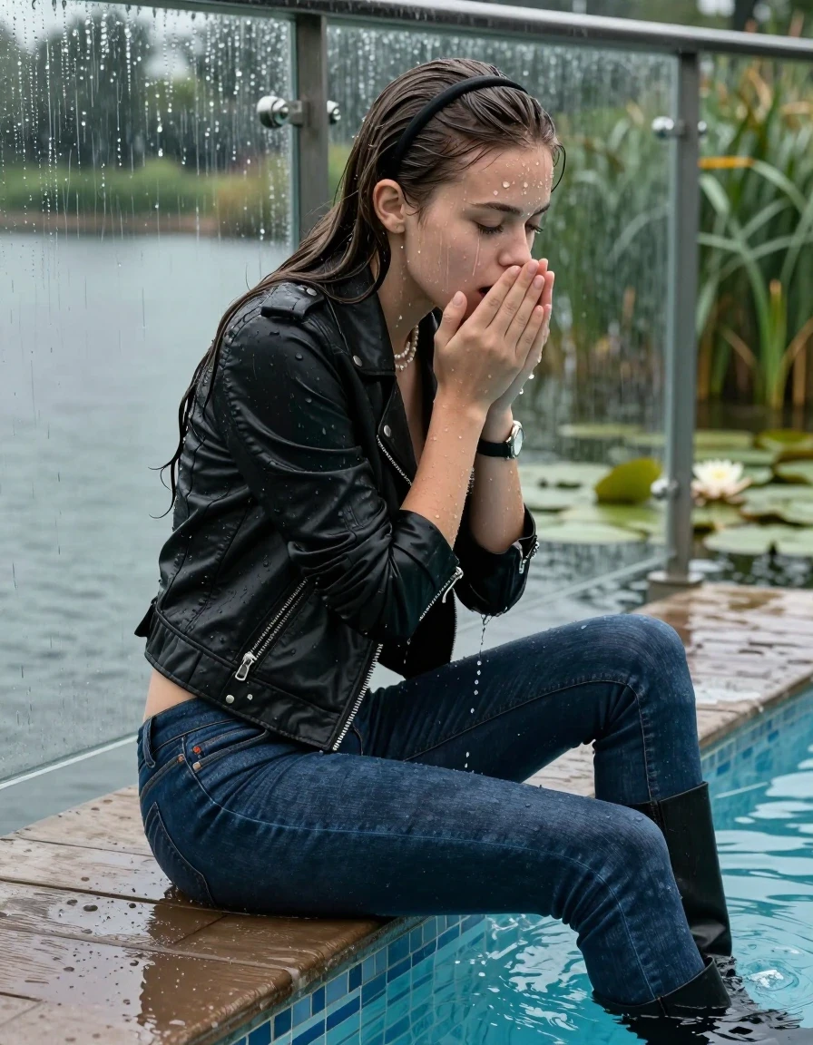 photo of young woman, in soaking wet, drenched clothes,
Black high boots, Dark blue levis skinny jeans, Black biker leatherjacket, Open jacket, tight v-neck sweater, shoulderbag, pearl necklace, bracelet, wristwatch, Orgasm in jetty by the lake with water lilies and reeds, 
enjoying, wet clothes stuck to body,
detailed textures of the wet clothes, wet face, wet plastered hair,
wet, drenched, professional, high-quality details, full body view.
sharp focus, ultra-high pixel detail, realistic, high-quality, full colors, incredibly detailed, 4k, 8k, 16k, hyper-realistic, RAW photo, masterpiece, ultra-detailed, professionally color graded, professional photograph, A realistic vertical fashion photograph taken from a backward, behind-the-back angle of a 12-year-old teenage girl sitting  in a glass-walled outdoor swimming pool, facing down to the camera to show her back. She is tilting her head at camera, letting the water drench her hair so it is glued flat against her head and body. She has long sleek hair with hairband, completely saturated and dripping wet hair, with water cascading down her face and neck. Afraid and astonished Expression. Hold her hands over her mouth. Closed mouth, closed eyes. The lighting is bright and cinematic, highlighting the glistening water droplets on her skin and the saturated texture of her  casual clothes. Outside the large glass wall of the pool building, heavy rain is visible falling against the window. Soft, moody indoor lighting with reflections on the water. High-quality fashion photography style.
her clothing is soaking wet and clinging tightly to her skin, showing heavy wet folds, darkened fabric texture, and deep water-saturated Patches, her clothes are heavy from the water, water runs from her body and her clothes in streams. A lot of water also runs out of her clothes. Her clothes are darkened by the water. 
hyper-realistic wetness, high-contrast water sheen, sharp focus, 16k resolution, professional photography, realistic water physics., wet skin, wet clothes, damp fabric, wet skin, wet clothes, damp fabric, wet skin, wet clothes, damp fabric, wet skin, wet clothes, damp fabric, wet skin, wet clothes, damp fabric, wet skin, wet clothes, damp fabric, wet skin, wet clothes, damp fabric, wet skin, wet clothes, damp fabric, wet skin, wet clothes, damp fabric, wet skin, wet clothes, damp fabric, wet skin, wet clothes, damp fabric, wet skin, wet clothes, damp fabric, wet skin, wet clothes, damp fabric, wet skin, wet clothes, damp fabric, wet skin, wet clothes, damp fabric, wet skin, wet clothes, damp fabric, wet skin, wet clothes, damp fabric, wet skin, wet clothes, damp fabric, wet skin, wet clothes, damp fabric, wet skin, wet clothes, damp fabric, wet skin, wet clothes, damp fabric, wet skin, wet clothes, damp fabric, wet skin, wet clothes, damp fabric