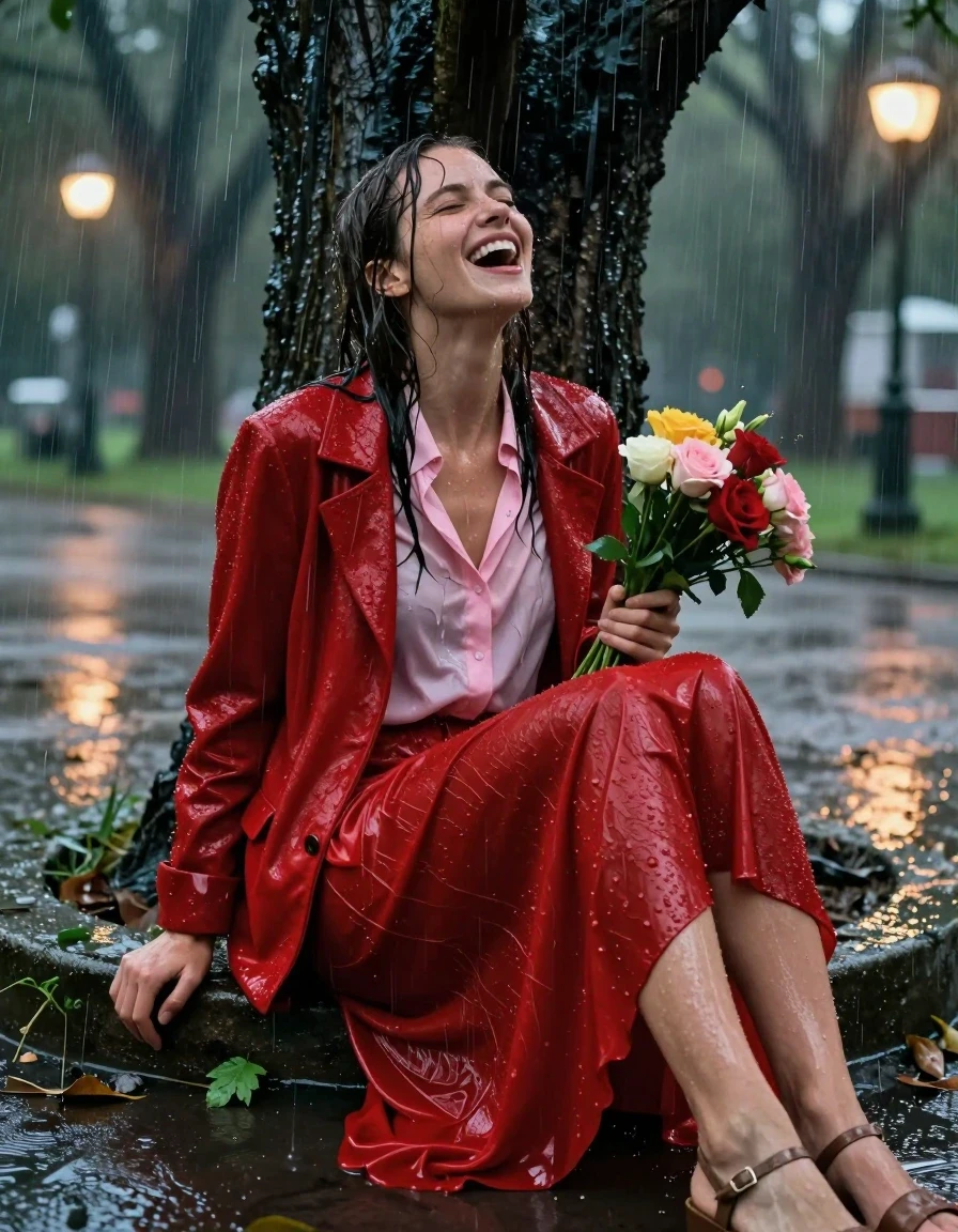 A photorealistic medium shot of a young adult European woman with wet, rain-slicked hair and skin, sitting under a large tree in a park during a torrential night downpour. She is wearing a light pink button-down blouse soaked through and clinging to her skin, layered under a heavy, water-saturated red cashmere blazer that is darkened by the rain. She wears a floor-length red cashmere skirt that is heavy with water, clinging to her legs and pooling on the wet ground, paired with sheer stockings and open-toe sandals. She is holding a bouquet of flowers, her expression one of intense, ecstatic pleasure as she experiences an orgasm from the torrential rain. The lighting is moody and cinematic, provided by distant park lamps reflecting off the wet pavement and the woman's drenched clothing. High-contrast atmosphere, visible heavy rain streaks, water sheen on fabric and skin, realistic folds and textures, hyper-detailed, 8k resolution, captured on 35mm lens.