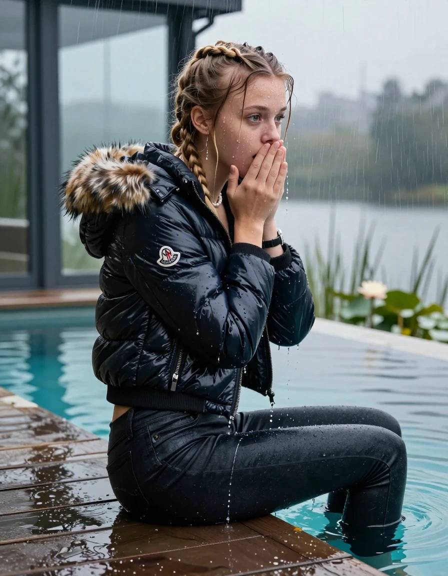 photo of young woman, in soaking wet, drenched clothes,
, Dark levis skinny jeans, Moncler shiny puffer down jacket with fur, Open jacket, tight v-neck sweater, shoulderbag, pearl necklace, bracelet, wristwatch, Orgasm in jetty by the lake with water lilies and reeds, 
enjoying, wet clothes stuck to body,
detailed textures of the wet clothes, wet face, wet plastered hair,
wet, drenched, professional, high-quality details, full body view.
sharp focus, ultra-high pixel detail, realistic, high-quality, full colors, incredibly detailed, 4k, 8k, 16k, hyper-realistic, RAW photo, masterpiece, ultra-detailed, professionally color graded, professional photograph, A realistic vertical fashion photograph taken from a backward, behind-the-back angle of a 15-year-old teenage girl sitting  in a glass-walled outdoor swimming pool, facing down to the camera to show her back. She is tilting her head at camera, letting the water drench her hair so it is glued flat against her head and body. She has two blonde long braids , completely saturated and dripping wet hair, with water cascading down her face and neck. Afraid and astonished expression. cover her mouth with her hands. open mouth, big eyes. The lighting is bright and cinematic, highlighting the glistening water droplets on her skin and the saturated texture of her  casual clothes. Outside the large glass wall of the pool building, heavy rain is visible falling against the window. Soft, moody indoor lighting with reflections on the water. High-quality fashion photography style.
her clothing is soaking wet and clinging tightly to her skin, showing heavy wet folds, darkened fabric texture, and deep water-saturated Patches, her clothes are heavy from the water, water runs from her body and her clothes in streams. A lot of water also runs out of her clothes. Her clothes are darkened by the water. 
hyper-realistic wetness, high-contrast water sheen, sharp focus, 16k resolution, professional photography, realistic water physics., wet skin, wet clothes, damp fabric, wet skin, wet clothes, damp fabric, wet skin, wet clothes, damp fabric, wet skin, wet clothes, damp fabric, wet skin, wet clothes, damp fabric, wet skin, wet clothes, damp fabric, wet skin, wet clothes, damp fabric, wet skin, wet clothes, damp fabric, wet skin, wet clothes, damp fabric, wet skin, wet clothes, damp fabric, wet skin, wet clothes, damp fabric, wet skin, wet clothes, damp fabric, wet skin, wet clothes, damp fabric, wet skin, wet clothes, damp fabric, wet skin, wet clothes, damp fabric, wet skin, wet clothes, damp fabric, wet skin, wet clothes, damp fabric, wet skin, wet clothes, damp fabric, wet skin, wet clothes, damp fabric, wet skin, wet clothes, damp fabric, wet skin, wet clothes, damp fabric