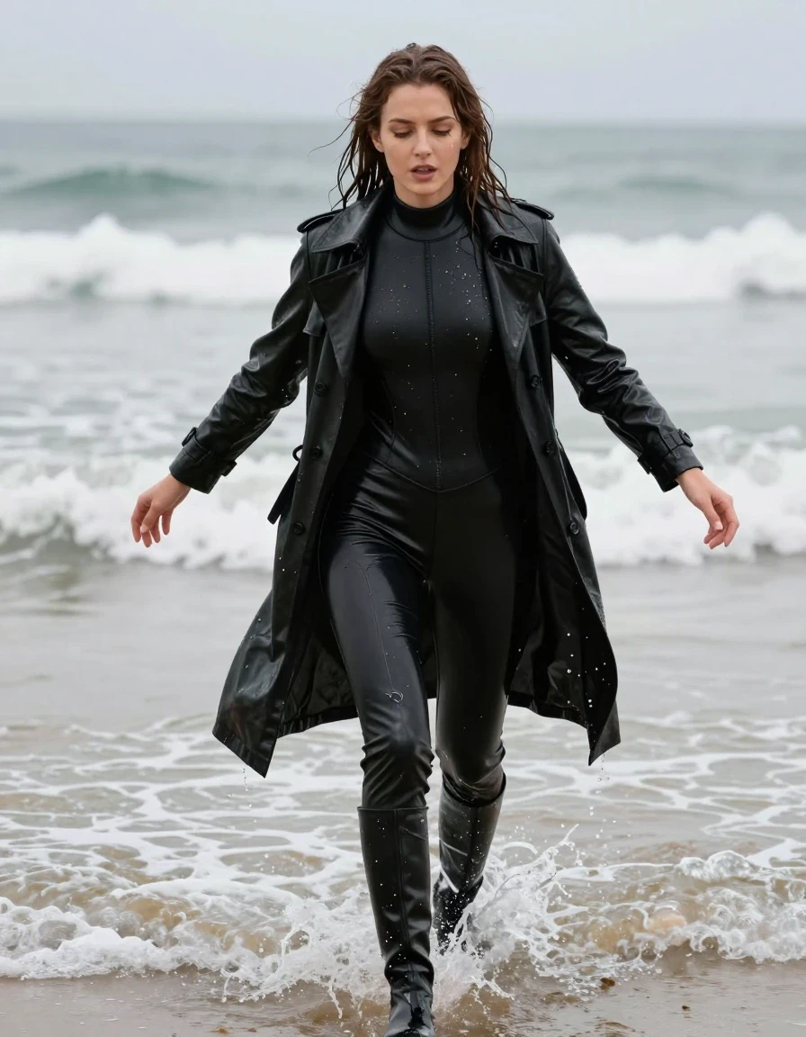 photo of young woman, in soaking wet, drenched clothes,
black leather knee-high boots, black vinyl pants, black vinyl polar neck catsuit , black vinyl trench coat, diving into the waves at the beach, 
enjoying, wet clothes stuck to body,
detailed textures of the wet clothes, wet face, wet plastered hair,
wet, drenched, professional, high-quality details, full body view.
sharp focus, ultra-high pixel detail, realistic, high-quality, full colors, incredibly detailed, 4k, 8k, 16k, hyper-realistic, RAW photo, masterpiece, ultra-detailed, professionally color graded, professional photograph, white woman, long dripping wet brown hair,, wet skin, wet clothes, damp fabric, wet skin, wet clothes, damp fabric, wet skin, wet clothes, damp fabric