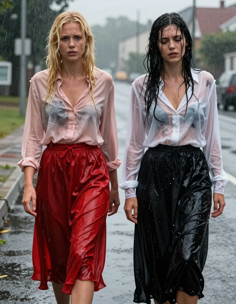 A photorealistic medium shot of a blonde European woman and a brunette European woman hitchhiking on the side of a rain-slicked road. The blonde woman wears a light pink buttoned-down blouse and a floor-length red silk skirt with stockings and sandals. The brunette woman wears a sheer white blouse and a black maxi skirt. Both women appear hungover, with disheveled hair and weary expressions. Their skin is drenched, covered in a realistic water sheen and glistening moisture. Their clothing is heavily soaked, with the wet silk and fabric clinging to their bodies, showing dark, saturated patches, heavy folds, and increased transparency from the rain. The atmosphere is gloomy and overcast, with heavy rain falling. The scene is captured with a shallow depth of field, emphasizing the texture of the damp, clinging fabrics and the wet, glistening skin, cinematic lighting, high-resolution photographic detail, realistic water droplets and rivulets, moody urban environment.