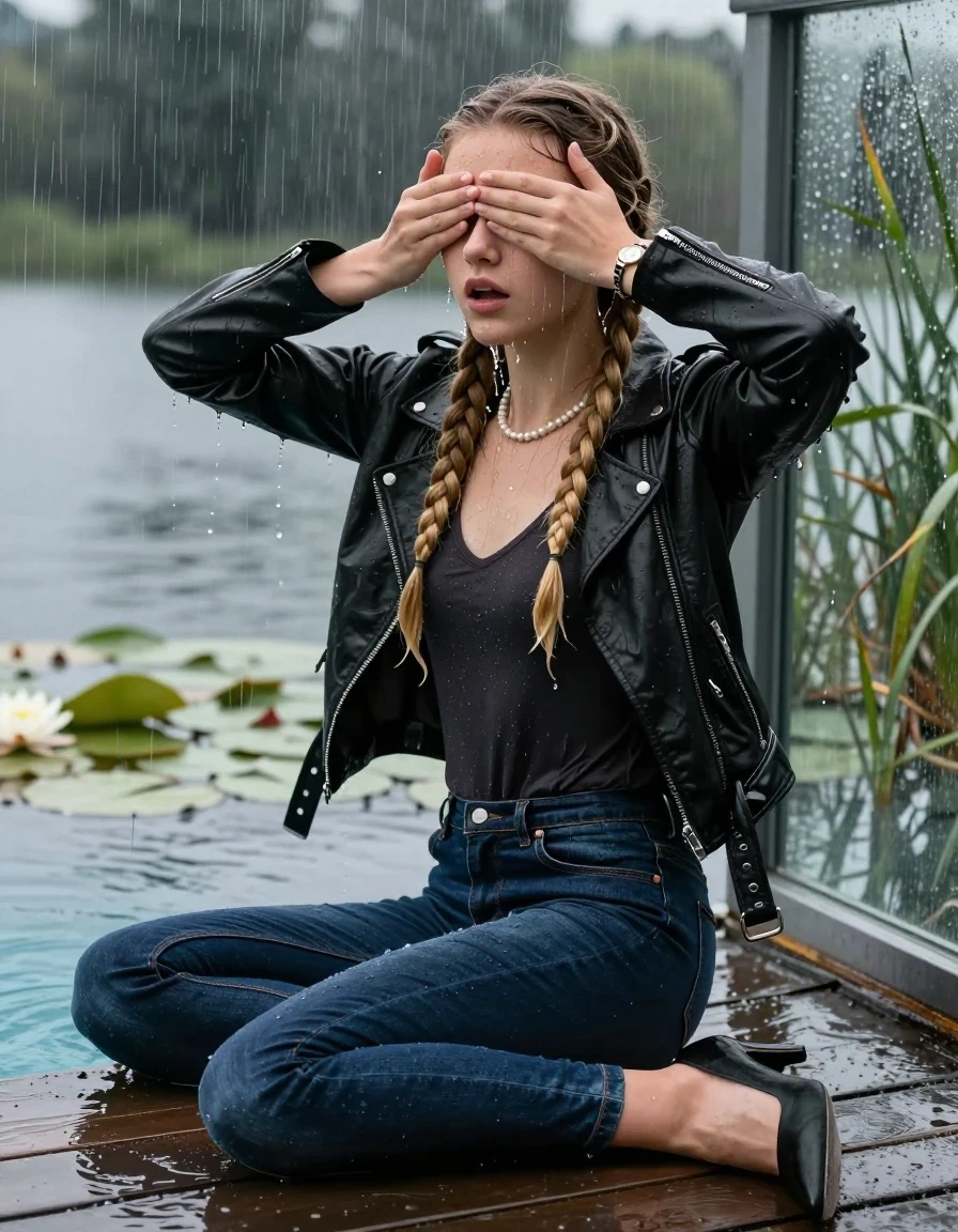photo of young woman, in soaking wet, drenched clothes,
Black high heels, Dark blue levis skinny jeans, Black biker leatherjacket, Open jacket, tight v-neck sweater, shoulderbag, pearl necklace, bracelet, wristwatch, Orgasm in jetty by the lake with water lilies and reeds, 
enjoying, wet clothes stuck to body,
detailed textures of the wet clothes, wet face, wet plastered hair,
wet, drenched, professional, high-quality details, full body view.
sharp focus, ultra-high pixel detail, realistic, high-quality, full colors, incredibly detailed, 4k, 8k, 16k, hyper-realistic, RAW photo, masterpiece, ultra-detailed, professionally color graded, professional photograph, A realistic vertical fashion photograph taken from a backward, behind-the-back angle of a 15-year-old teenage girl sitting  in a glass-walled outdoor swimming pool, facing down to the camera to show her back. She is tilting her head at camera, letting the water drench her hair so it is glued flat against her head and body. She has two blonde long braids , completely saturated and dripping wet hair, with water cascading down her face and neck. Afraid and astonished Expression. Hold her hands over her eyes. Closed mouth, big eyes. The lighting is bright and cinematic, highlighting the glistening water droplets on her skin and the saturated texture of her  casual clothes. Outside the large glass wall of the pool building, heavy rain is visible falling against the window. Soft, moody indoor lighting with reflections on the water. High-quality fashion photography style.
her clothing is soaking wet and clinging tightly to her skin, showing heavy wet folds, darkened fabric texture, and deep water-saturated Patches, her clothes are heavy from the water, water runs from her body and her clothes in streams. A lot of water also runs out of her clothes. Her clothes are darkened by the water. 
hyper-realistic wetness, high-contrast water sheen, sharp focus, 16k resolution, professional photography, realistic water physics., wet skin, wet clothes, damp fabric, wet skin, wet clothes, damp fabric, wet skin, wet clothes, damp fabric, wet skin, wet clothes, damp fabric, wet skin, wet clothes, damp fabric, wet skin, wet clothes, damp fabric, wet skin, wet clothes, damp fabric, wet skin, wet clothes, damp fabric, wet skin, wet clothes, damp fabric, wet skin, wet clothes, damp fabric, wet skin, wet clothes, damp fabric, wet skin, wet clothes, damp fabric, wet skin, wet clothes, damp fabric, wet skin, wet clothes, damp fabric, wet skin, wet clothes, damp fabric, wet skin, wet clothes, damp fabric, wet skin, wet clothes, damp fabric, wet skin, wet clothes, damp fabric, wet skin, wet clothes, damp fabric, wet skin, wet clothes, damp fabric, wet skin, wet clothes, damp fabric