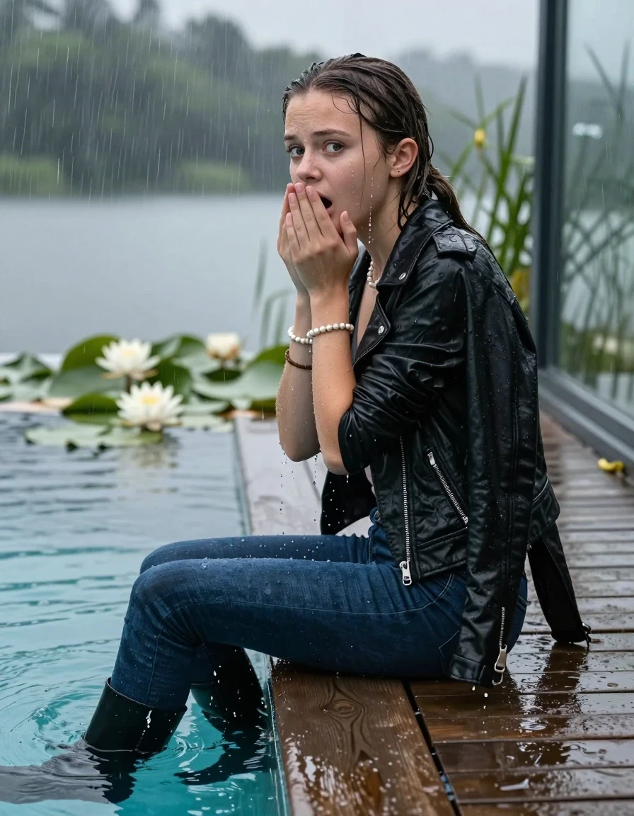 photo of young woman, in soaking wet, drenched clothes,
Black high boots, Dark blue levis skinny jeans, Black biker leatherjacket, Open jacket, tight v-neck sweater, shoulderbag, pearl necklace, bracelet, wristwatch, Orgasm in jetty by the lake with water lilies and reeds, 
enjoying, wet clothes stuck to body,
detailed textures of the wet clothes, wet face, wet plastered hair,
wet, drenched, professional, high-quality details, full body view.
sharp focus, ultra-high pixel detail, realistic, high-quality, full colors, incredibly detailed, 4k, 8k, 16k, hyper-realistic, RAW photo, masterpiece, ultra-detailed, professionally color graded, professional photograph, A realistic vertical fashion photograph taken from a backward, behind-the-back angle of a 12-year-old teenage girl sitting  in a glass-walled outdoor swimming pool, facing down to the camera to show her back. She is tilting her head at camera, letting the water drench her hair so it is glued flat against her head and body. She has a long sleek ponytail, completely saturated and dripping wet hair, with water cascading down her face and neck. Afraid and astonished Expression. Hold her hands over her mouth. Closed mouth, big eyes. The lighting is bright and cinematic, highlighting the glistening water droplets on her skin and the saturated texture of her  casual clothes. Outside the large glass wall of the pool building, heavy rain is visible falling against the window. Soft, moody indoor lighting with reflections on the water. High-quality fashion photography style.
her clothing is soaking wet and clinging tightly to her skin, showing heavy wet folds, darkened fabric texture, and deep water-saturated Patches, her clothes are heavy from the water, water runs from her body and her clothes in streams. A lot of water also runs out of her clothes. Her clothes are darkened by the water. 
hyper-realistic wetness, high-contrast water sheen, sharp focus, 16k resolution, professional photography, realistic water physics., wet skin, wet clothes, damp fabric, wet skin, wet clothes, damp fabric, wet skin, wet clothes, damp fabric, wet skin, wet clothes, damp fabric, wet skin, wet clothes, damp fabric, wet skin, wet clothes, damp fabric, wet skin, wet clothes, damp fabric, wet skin, wet clothes, damp fabric, wet skin, wet clothes, damp fabric, wet skin, wet clothes, damp fabric, wet skin, wet clothes, damp fabric, wet skin, wet clothes, damp fabric, wet skin, wet clothes, damp fabric, wet skin, wet clothes, damp fabric, wet skin, wet clothes, damp fabric, wet skin, wet clothes, damp fabric, wet skin, wet clothes, damp fabric, wet skin, wet clothes, damp fabric, wet skin, wet clothes, damp fabric, wet skin, wet clothes, damp fabric, wet skin, wet clothes, damp fabric, wet skin, wet clothes, damp fabric, wet skin, wet clothes, damp fabric