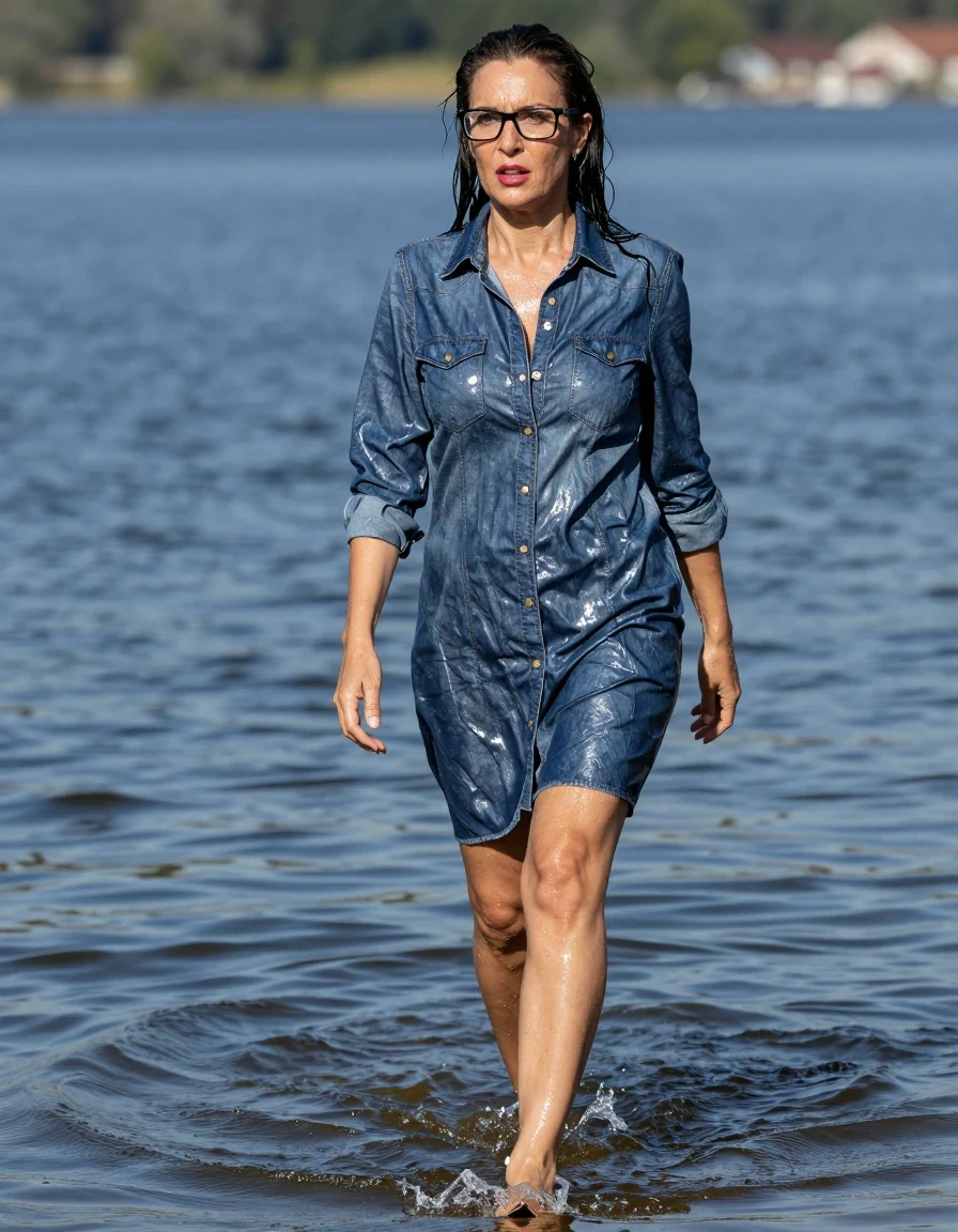 photo of young woman, in soaking wet, drenched clothes,
high-heeled shoes, maxi shiny blue denim shirt dress, maxi shiny blue denim shirt dress, walking complete submerged in sunny deep lake, 
enjoying, wet clothes stuck to body,
detailed textures of the wet clothes, wet face, wet plastered hair,
wet, drenched, professional, high-quality details, full body view.
sharp focus, ultra-high pixel detail, realistic, high-quality, full colors, incredibly detailed, 4k, 8k, 16k, hyper-realistic, RAW photo, masterpiece, ultra-detailed, professionally color graded, professional photograph, europen brunette skinny woman 50 years old, long dark black hair, office glasses, very big and thick lips, complete body, wet skin, wet clothes, damp fabric, wet skin, wet clothes, damp fabric, wet skin, wet clothes, damp fabric, wet skin, wet clothes, damp fabric, wet skin, wet clothes, damp fabric, wet skin, wet clothes, damp fabric, wet skin, wet clothes, damp fabric