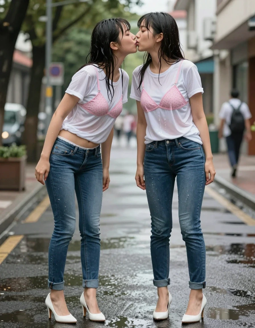 photo of young woman, in soaking wet, drenched clothes,
White high heels, jeans undone showing white cotton panties, white t shirt with pink spot bra, Street, 
enjoying, wet clothes stuck to body,
detailed textures of the wet clothes, wet face, wet plastered hair,
wet, drenched, professional, high-quality details, full body view.
sharp focus, ultra-high pixel detail, realistic, high-quality, full colors, incredibly detailed, 4k, 8k, 16k, hyper-realistic, RAW photo, masterpiece, ultra-detailed, professionally color graded, professional photograph, 2 Japanesegirls, standing,  kissing, wet skin, wet clothes, damp fabric