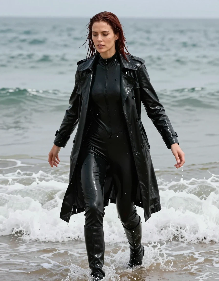 photo of young woman, in soaking wet, drenched clothes,
black leather knee-high boots, black vinyl pants, black vinyl polar neck catsuit , black vinyl trench coat, diving into the waves at the beach, 
enjoying, wet clothes stuck to body,
detailed textures of the wet clothes, wet face, wet plastered hair,
wet, drenched, professional, high-quality details, full body view.
sharp focus, ultra-high pixel detail, realistic, high-quality, full colors, incredibly detailed, 4k, 8k, 16k, hyper-realistic, RAW photo, masterpiece, ultra-detailed, professionally color graded, professional photograph, white American woman, long dripping shoulder-length dark auburn hair, wet skin, wet clothes, damp fabric, wet skin, wet clothes, damp fabric, wet skin, wet clothes, damp fabric