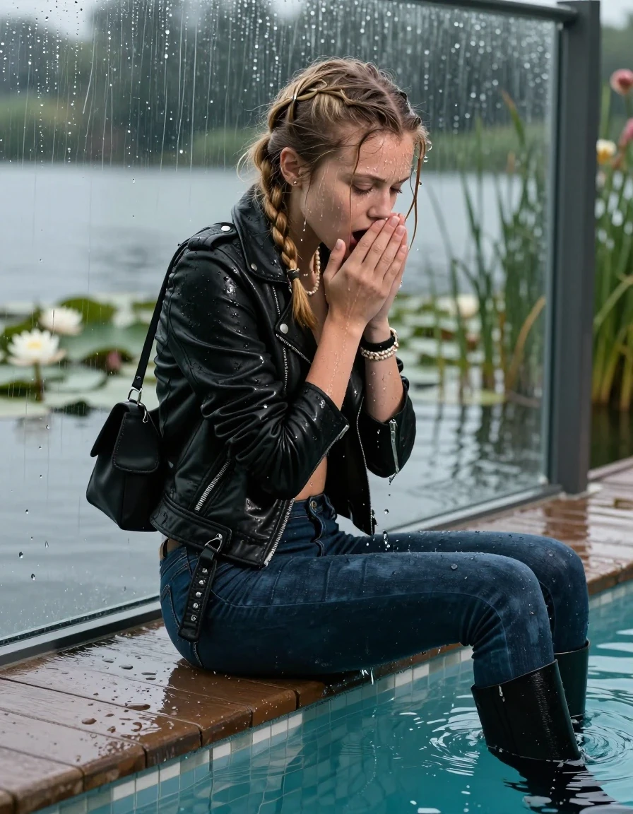 photo of young woman, in soaking wet, drenched clothes,
Black high boots, Dark blue levis skinny jeans, Black biker leatherjacket, Open jacket, tight v-neck sweater, shoulderbag, pearl necklace, bracelet, wristwatch, Orgasm in jetty by the lake with water lilies and reeds, 
enjoying, wet clothes stuck to body,
detailed textures of the wet clothes, wet face, wet plastered hair,
wet, drenched, professional, high-quality details, full body view.
sharp focus, ultra-high pixel detail, realistic, high-quality, full colors, incredibly detailed, 4k, 8k, 16k, hyper-realistic, RAW photo, masterpiece, ultra-detailed, professionally color graded, professional photograph, A realistic vertical fashion photograph taken from a backward, behind-the-back angle of a 12-year-old teenage girl sitting  in a glass-walled outdoor swimming pool, facing down to the camera to show her back. She is tilting her head at camera, letting the water drench her hair so it is glued flat against her head and body. She has two blonde long braids , completely saturated and dripping wet hair, with water cascading down her face and neck. Afraid and astonished Expression. Hold her hands over her mouth. Closed mouth, closed eyes. The lighting is bright and cinematic, highlighting the glistening water droplets on her skin and the saturated texture of her  casual clothes. Outside the large glass wall of the pool building, heavy rain is visible falling against the window. Soft, moody indoor lighting with reflections on the water. High-quality fashion photography style.
her clothing is soaking wet and clinging tightly to her skin, showing heavy wet folds, darkened fabric texture, and deep water-saturated Patches, her clothes are heavy from the water, water runs from her body and her clothes in streams. A lot of water also runs out of her clothes. Her clothes are darkened by the water. 
hyper-realistic wetness, high-contrast water sheen, sharp focus, 16k resolution, professional photography, realistic water physics., wet skin, wet clothes, damp fabric, wet skin, wet clothes, damp fabric, wet skin, wet clothes, damp fabric, wet skin, wet clothes, damp fabric, wet skin, wet clothes, damp fabric, wet skin, wet clothes, damp fabric, wet skin, wet clothes, damp fabric, wet skin, wet clothes, damp fabric, wet skin, wet clothes, damp fabric, wet skin, wet clothes, damp fabric, wet skin, wet clothes, damp fabric, wet skin, wet clothes, damp fabric, wet skin, wet clothes, damp fabric, wet skin, wet clothes, damp fabric, wet skin, wet clothes, damp fabric, wet skin, wet clothes, damp fabric, wet skin, wet clothes, damp fabric, wet skin, wet clothes, damp fabric, wet skin, wet clothes, damp fabric, wet skin, wet clothes, damp fabric, wet skin, wet clothes, damp fabric, wet skin, wet clothes, damp fabric