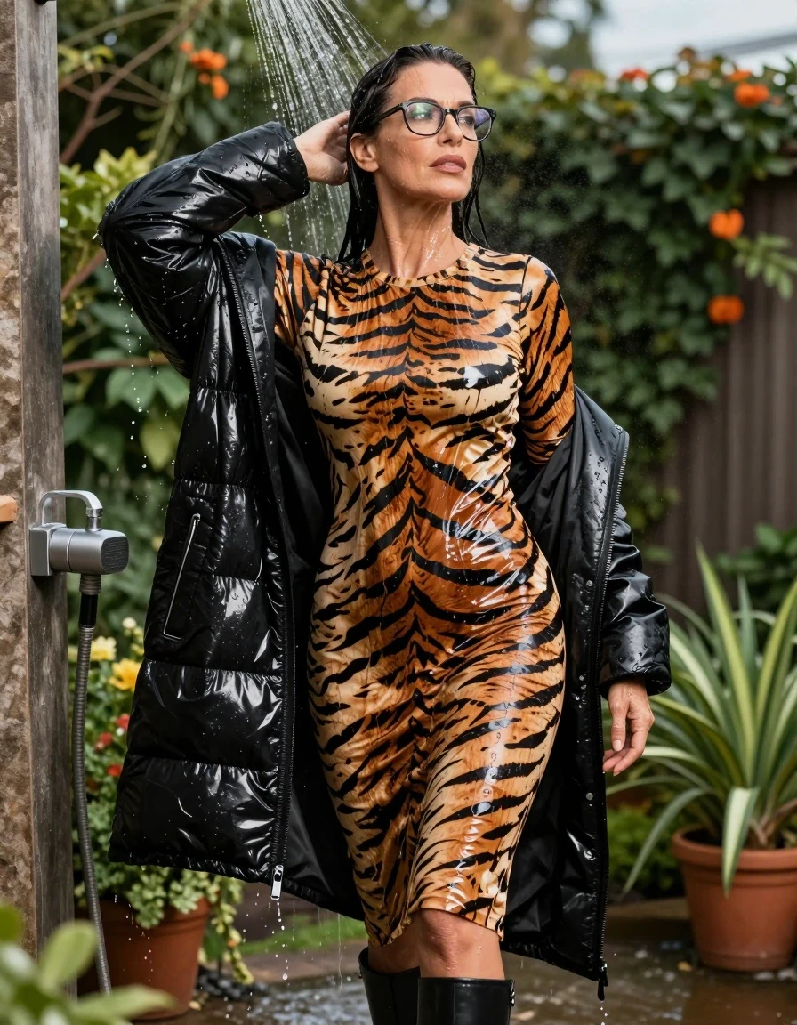 photo of young woman, in soaking wet, drenched clothes,
high-heeled boots, tight maxi shiny tiger printed sweater dress, tight maxi shiny tiger printed sweater dress, taking shower in sunny garden after bath, maxi shiny black down jacket, 
enjoying, wet clothes stuck to body,
detailed textures of the wet clothes, wet face, wet plastered hair,
wet, drenched, professional, high-quality details, full body view.
sharp focus, ultra-high pixel detail, realistic, high-quality, full colors, incredibly detailed, 4k, 8k, 16k, hyper-realistic, RAW photo, masterpiece, ultra-detailed, professionally color graded, professional photograph, europen brunette skinny woman 50 years old, long dark black hair, office glasses, very big and thick lips, complete body, wet skin, wet clothes, damp fabric, wet skin, wet clothes, damp fabric, wet skin, wet clothes, damp fabric, wet skin, wet clothes, damp fabric, wet skin, wet clothes, damp fabric, wet skin, wet clothes, damp fabric, wet skin, wet clothes, damp fabric