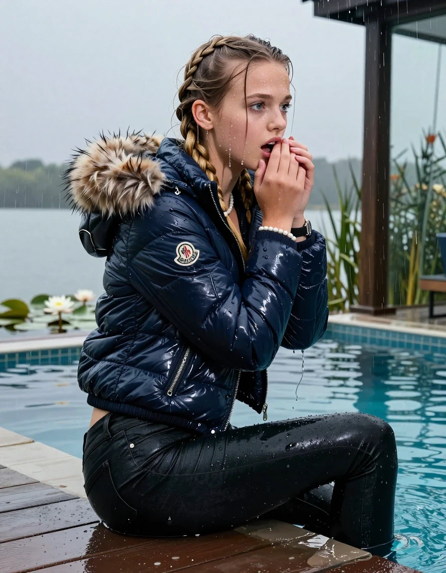 photo of young woman, in soaking wet, drenched clothes,
, Dark levis skinny jeans, Moncler shiny puffer down jacket with fur, Open jacket, tight v-neck sweater, shoulderbag, pearl necklace, bracelet, wristwatch, Orgasm in jetty by the lake with water lilies and reeds, 
enjoying, wet clothes stuck to body,
detailed textures of the wet clothes, wet face, wet plastered hair,
wet, drenched, professional, high-quality details, full body view.
sharp focus, ultra-high pixel detail, realistic, high-quality, full colors, incredibly detailed, 4k, 8k, 16k, hyper-realistic, RAW photo, masterpiece, ultra-detailed, professionally color graded, professional photograph, A realistic vertical fashion photograph taken from a backward, behind-the-back angle of a 15-year-old teenage girl sitting  in a glass-walled outdoor swimming pool, facing down to the camera to show her back. She is tilting her head at camera, letting the water drench her hair so it is glued flat against her head and body. She has two blonde long braids , completely saturated and dripping wet hair, with water cascading down her face and neck. Afraid and astonished expression. Hold her hands on her chin. open mouth, big eyes. The lighting is bright and cinematic, highlighting the glistening water droplets on her skin and the saturated texture of her  casual clothes. Outside the large glass wall of the pool building, heavy rain is visible falling against the window. Soft, moody indoor lighting with reflections on the water. High-quality fashion photography style.
her clothing is soaking wet and clinging tightly to her skin, showing heavy wet folds, darkened fabric texture, and deep water-saturated Patches, her clothes are heavy from the water, water runs from her body and her clothes in streams. A lot of water also runs out of her clothes. Her clothes are darkened by the water. 
hyper-realistic wetness, high-contrast water sheen, sharp focus, 16k resolution, professional photography, realistic water physics., wet skin, wet clothes, damp fabric, wet skin, wet clothes, damp fabric, wet skin, wet clothes, damp fabric, wet skin, wet clothes, damp fabric, wet skin, wet clothes, damp fabric, wet skin, wet clothes, damp fabric, wet skin, wet clothes, damp fabric, wet skin, wet clothes, damp fabric, wet skin, wet clothes, damp fabric, wet skin, wet clothes, damp fabric, wet skin, wet clothes, damp fabric, wet skin, wet clothes, damp fabric, wet skin, wet clothes, damp fabric, wet skin, wet clothes, damp fabric, wet skin, wet clothes, damp fabric, wet skin, wet clothes, damp fabric, wet skin, wet clothes, damp fabric, wet skin, wet clothes, damp fabric, wet skin, wet clothes, damp fabric, wet skin, wet clothes, damp fabric, wet skin, wet clothes, damp fabric