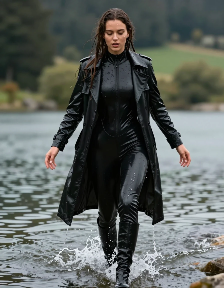 photo of young woman, in soaking wet, drenched clothes,
black leather knee-high boots, black vinyl pants, black vinyl polar neck catsuit , black vinyl trench coat, diving into the waves at the bach, 
enjoying, wet clothes stuck to body,
detailed textures of the wet clothes, wet face, wet plastered hair,
wet, drenched, professional, high-quality details, full body view.
sharp focus, ultra-high pixel detail, realistic, high-quality, full colors, incredibly detailed, 4k, 8k, 16k, hyper-realistic, RAW photo, masterpiece, ultra-detailed, professionally color graded, professional photograph, white woman, long dripping wet brown hair,, wet skin, wet clothes, damp fabric, wet skin, wet clothes, damp fabric, wet skin, wet clothes, damp fabric