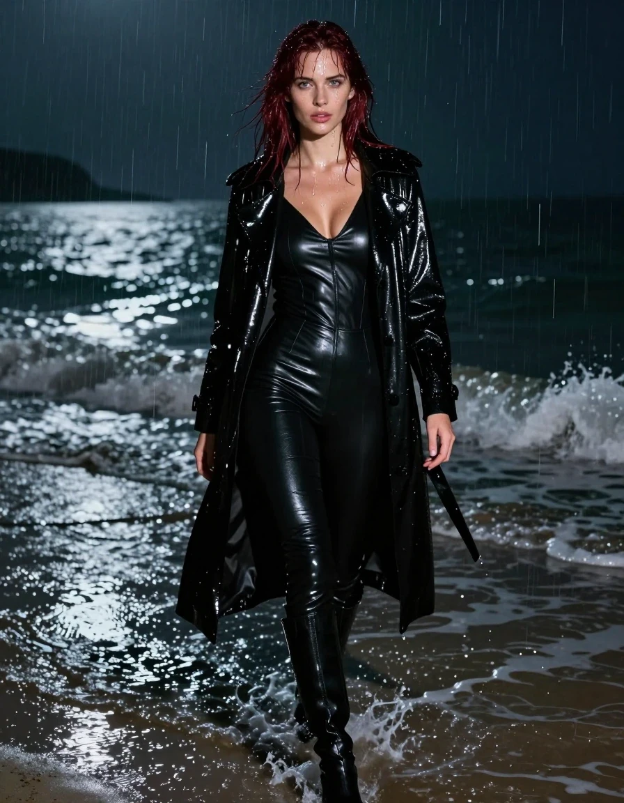 A stunning, photorealistic full-body shot of a young adult white American woman with long, dripping shoulder-length dark auburn hair, captured in heavy rain at night. Her skin is visibly drenched, glistening with water droplets and a realistic wet sheen. She is dressed in a sleek black vinyl polar neck catsuit layered under a long, heavy black vinyl trench coat, with black vinyl pants and black leather knee-high boots. The vinyl surfaces are heavily coated in rain, showing intense specular reflections, water rivulets, and a high-gloss, slick texture that clings to her form. She is walking through the shallow waves at a dark beach, with the ocean water lapping around her boots. The atmosphere is moody and cinematic, illuminated by cold, ambient moonlight reflecting off the wet sand and her saturated clothing. Sharp focus, high contrast, 8k resolution, intricate detail on water textures, fully clothed, modest attire, no nudity.