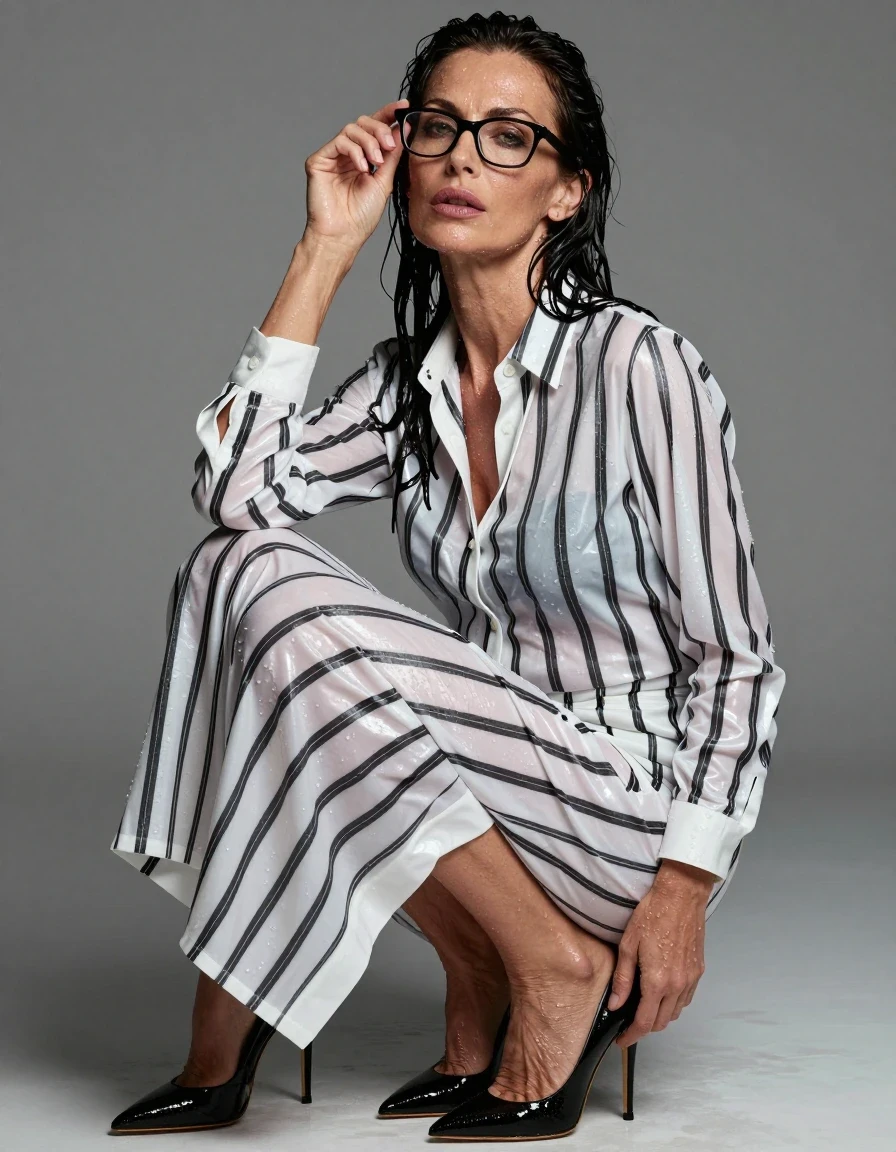photo of young woman, in soaking wet, drenched clothes,
high-heeled shoes, maxi shiny white & black vertical striped shirt dress, maxi shiny white & black vertical striped shirt dress, after bath, 
enjoying, wet clothes stuck to body,
detailed textures of the wet clothes, wet face, wet plastered hair,
wet, drenched, professional, high-quality details, full body view.
sharp focus, ultra-high pixel detail, realistic, high-quality, full colors, incredibly detailed, 4k, 8k, 16k, hyper-realistic, RAW photo, masterpiece, ultra-detailed, professionally color graded, professional photograph, europen brunette skinny woman 50 years old, long dark black hair, office glasses, very big and thick lips, complete body, wet skin, wet clothes, damp fabric, wet skin, wet clothes, damp fabric, wet skin, wet clothes, damp fabric, wet skin, wet clothes, damp fabric, wet skin, wet clothes, damp fabric, wet skin, wet clothes, damp fabric, wet skin, wet clothes, damp fabric