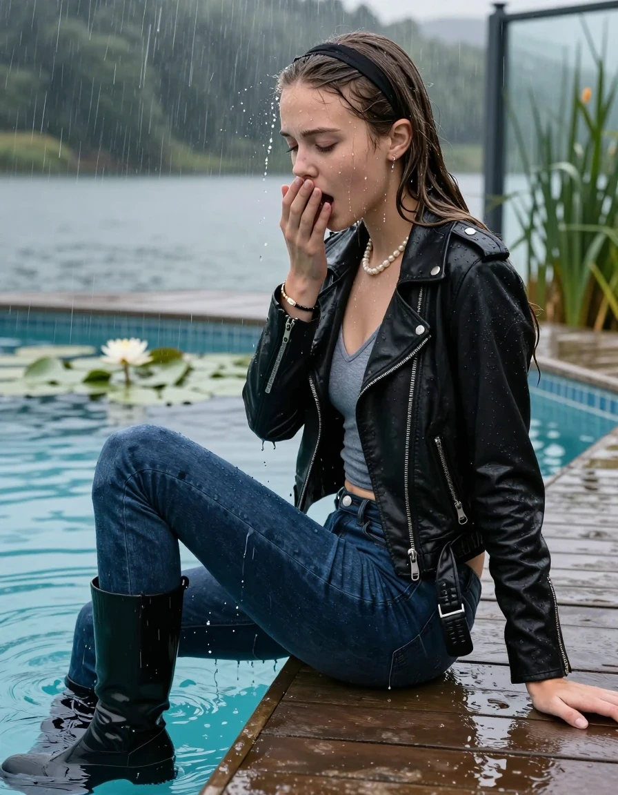 photo of young woman, in soaking wet, drenched clothes,
Black high boots, Dark blue levis skinny jeans, Black biker leatherjacket, Open jacket, tight v-neck sweater, shoulderbag, pearl necklace, bracelet, wristwatch, Orgasm in jetty by the lake with water lilies and reeds, 
enjoying, wet clothes stuck to body,
detailed textures of the wet clothes, wet face, wet plastered hair,
wet, drenched, professional, high-quality details, full body view.
sharp focus, ultra-high pixel detail, realistic, high-quality, full colors, incredibly detailed, 4k, 8k, 16k, hyper-realistic, RAW photo, masterpiece, ultra-detailed, professionally color graded, professional photograph, A realistic vertical fashion photograph taken from a backward, behind-the-back angle of a 12-year-old teenage girl sitting  in a glass-walled outdoor swimming pool, facing down to the camera to show her back. She is tilting her head at camera, letting the water drench her hair so it is glued flat against her head and body. She has long sleek hair with hairband, completely saturated and dripping wet hair, with water cascading down her face and neck. Afraid and astonished Expression. Hold her hands over her mouth. Closed mouth, closed eyes. The lighting is bright and cinematic, highlighting the glistening water droplets on her skin and the saturated texture of her  casual clothes. Outside the large glass wall of the pool building, heavy rain is visible falling against the window. Soft, moody indoor lighting with reflections on the water. High-quality fashion photography style.
her clothing is soaking wet and clinging tightly to her skin, showing heavy wet folds, darkened fabric texture, and deep water-saturated Patches, her clothes are heavy from the water, water runs from her body and her clothes in streams. A lot of water also runs out of her clothes. Her clothes are darkened by the water. 
hyper-realistic wetness, high-contrast water sheen, sharp focus, 16k resolution, professional photography, realistic water physics., wet skin, wet clothes, damp fabric, wet skin, wet clothes, damp fabric, wet skin, wet clothes, damp fabric, wet skin, wet clothes, damp fabric, wet skin, wet clothes, damp fabric, wet skin, wet clothes, damp fabric, wet skin, wet clothes, damp fabric, wet skin, wet clothes, damp fabric, wet skin, wet clothes, damp fabric, wet skin, wet clothes, damp fabric, wet skin, wet clothes, damp fabric, wet skin, wet clothes, damp fabric, wet skin, wet clothes, damp fabric, wet skin, wet clothes, damp fabric, wet skin, wet clothes, damp fabric, wet skin, wet clothes, damp fabric, wet skin, wet clothes, damp fabric, wet skin, wet clothes, damp fabric, wet skin, wet clothes, damp fabric, wet skin, wet clothes, damp fabric, wet skin, wet clothes, damp fabric, wet skin, wet clothes, damp fabric, wet skin, wet clothes, damp fabric