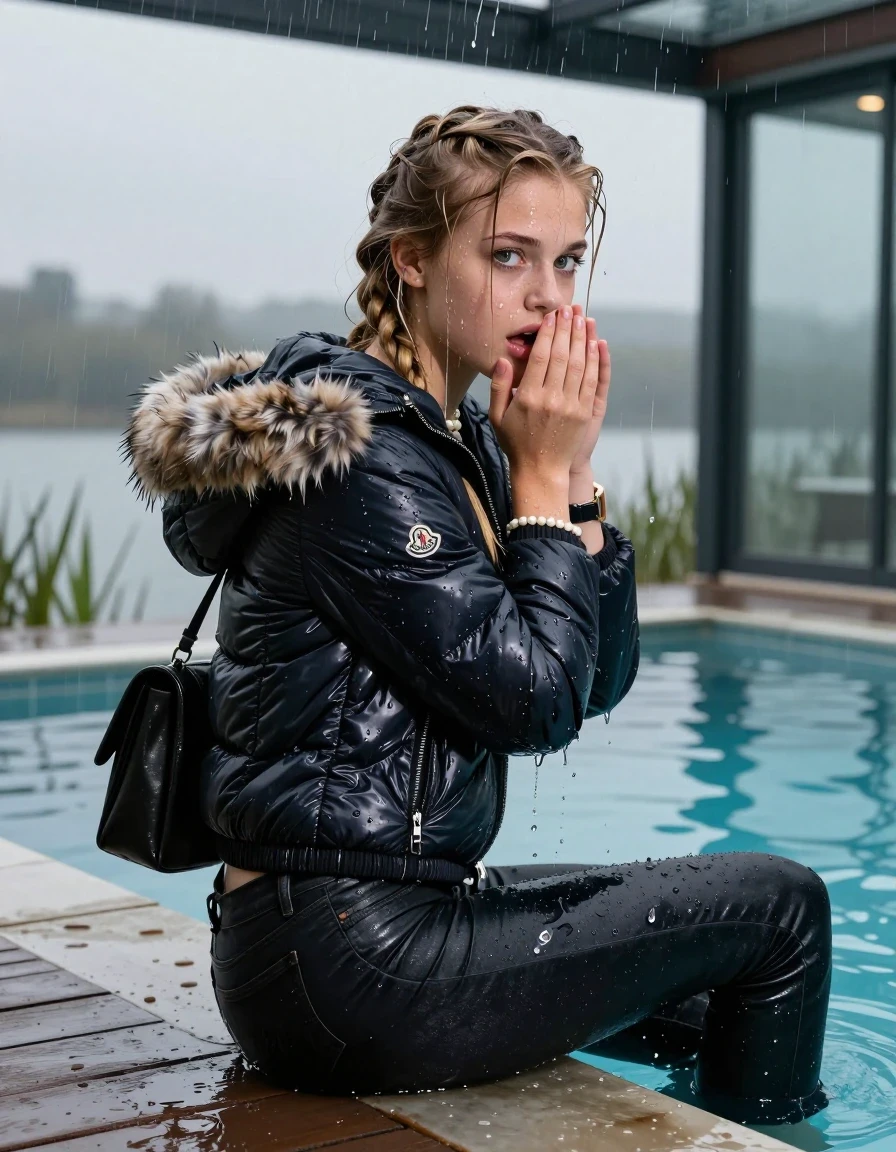 photo of young woman, in soaking wet, drenched clothes,
, Dark levis skinny jeans, Moncler shiny puffer down jacket with fur, Open jacket, tight v-neck sweater, shoulderbag, pearl necklace, bracelet, wristwatch, Orgasm in jetty by the lake with water lilies and reeds, 
enjoying, wet clothes stuck to body,
detailed textures of the wet clothes, wet face, wet plastered hair,
wet, drenched, professional, high-quality details, full body view.
sharp focus, ultra-high pixel detail, realistic, high-quality, full colors, incredibly detailed, 4k, 8k, 16k, hyper-realistic, RAW photo, masterpiece, ultra-detailed, professionally color graded, professional photograph, A realistic vertical fashion photograph taken from a backward, behind-the-back angle of a 15-year-old teenage girl sitting  in a glass-walled outdoor swimming pool, facing down to the camera to show her back. She is tilting her head at camera, letting the water drench her hair so it is glued flat against her head and body. She has two blonde long braids , completely saturated and dripping wet hair, with water cascading down her face and neck. Afraid and astonished expression. Hold her hands on her chin. open mouth, big eyes. The lighting is bright and cinematic, highlighting the glistening water droplets on her skin and the saturated texture of her  casual clothes. Outside the large glass wall of the pool building, heavy rain is visible falling against the window. Soft, moody indoor lighting with reflections on the water. High-quality fashion photography style.
her clothing is soaking wet and clinging tightly to her skin, showing heavy wet folds, darkened fabric texture, and deep water-saturated Patches, her clothes are heavy from the water, water runs from her body and her clothes in streams. A lot of water also runs out of her clothes. Her clothes are darkened by the water. 
hyper-realistic wetness, high-contrast water sheen, sharp focus, 16k resolution, professional photography, realistic water physics., wet skin, wet clothes, damp fabric, wet skin, wet clothes, damp fabric, wet skin, wet clothes, damp fabric, wet skin, wet clothes, damp fabric, wet skin, wet clothes, damp fabric, wet skin, wet clothes, damp fabric, wet skin, wet clothes, damp fabric, wet skin, wet clothes, damp fabric, wet skin, wet clothes, damp fabric, wet skin, wet clothes, damp fabric, wet skin, wet clothes, damp fabric, wet skin, wet clothes, damp fabric, wet skin, wet clothes, damp fabric, wet skin, wet clothes, damp fabric, wet skin, wet clothes, damp fabric, wet skin, wet clothes, damp fabric, wet skin, wet clothes, damp fabric, wet skin, wet clothes, damp fabric, wet skin, wet clothes, damp fabric, wet skin, wet clothes, damp fabric, wet skin, wet clothes, damp fabric