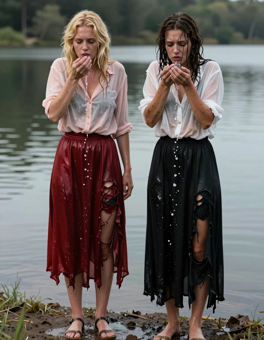 Hyper-realistic full-body shot of two young adult European women, one blonde and one brunette, appearing exhausted, sweaty, and covered in dirt, standing at the edge of a serene lake. The blonde woman wears a light pink buttoned-down blouse and a floor-length red silk skirt with stockings and sandals, while the brunette woman wears a sheer white blouse and a black maxi skirt. Both women have ripped, tattered clothing, and are hastily drinking water from their cupped hands, water cascading down their chins and necks. The fabrics are intensely wet and clinging to their bodies; the red silk skirt is deeply saturated, darkened to a crimson maroon, heavy with water weight, clinging to the legs with prominent folds and translucent wet patches. The sheer white blouse is soaked, clinging to the skin, showing dark skin tones underneath, with water sheen and texture. Their hair is matted and dripping, skin glistening with sweat and lake water, reflecting the ambient light. The environment is a natural lakeside with muddy ground, soft natural overcast lighting, high-resolution textures, photographic film grain, 85mm lens, sharp focus on the expressions of fatigue and the wet textures of the fabric.