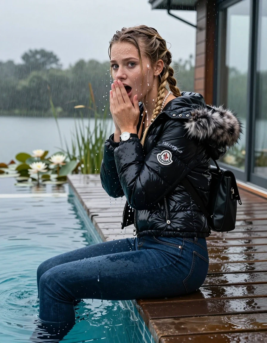 photo of young woman, in soaking wet, drenched clothes,
, Dark blue levis skinny jeans, Moncler shiny puffer down jacket with fur, Open jacket, tight v-neck sweater, shoulderbag, pearl necklace, bracelet, wristwatch, Orgasm in jetty by the lake with water lilies and reeds, 
enjoying, wet clothes stuck to body,
detailed textures of the wet clothes, wet face, wet plastered hair,
wet, drenched, professional, high-quality details, full body view.
sharp focus, ultra-high pixel detail, realistic, high-quality, full colors, incredibly detailed, 4k, 8k, 16k, hyper-realistic, RAW photo, masterpiece, ultra-detailed, professionally color graded, professional photograph, A realistic vertical fashion photograph taken from a backward, behind-the-back angle of a 15-year-old teenage girl sitting  in a glass-walled outdoor swimming pool, facing down to the camera to show her back. She is tilting her head at camera, letting the water drench her hair so it is glued flat against her head and body. She has two blonde long braids , completely saturated and dripping wet hair, with water cascading down her face and neck. Afraid and astonished expression. Hold her hands on her mouth. open mouth, big eyes. The lighting is bright and cinematic, highlighting the glistening water droplets on her skin and the saturated texture of her  casual clothes. Outside the large glass wall of the pool building, heavy rain is visible falling against the window. Soft, moody indoor lighting with reflections on the water. High-quality fashion photography style.
her clothing is soaking wet and clinging tightly to her skin, showing heavy wet folds, darkened fabric texture, and deep water-saturated Patches, her clothes are heavy from the water, water runs from her body and her clothes in streams. A lot of water also runs out of her clothes. Her clothes are darkened by the water. 
hyper-realistic wetness, high-contrast water sheen, sharp focus, 16k resolution, professional photography, realistic water physics., wet skin, wet clothes, damp fabric, wet skin, wet clothes, damp fabric, wet skin, wet clothes, damp fabric, wet skin, wet clothes, damp fabric, wet skin, wet clothes, damp fabric, wet skin, wet clothes, damp fabric, wet skin, wet clothes, damp fabric, wet skin, wet clothes, damp fabric, wet skin, wet clothes, damp fabric, wet skin, wet clothes, damp fabric, wet skin, wet clothes, damp fabric, wet skin, wet clothes, damp fabric, wet skin, wet clothes, damp fabric, wet skin, wet clothes, damp fabric, wet skin, wet clothes, damp fabric, wet skin, wet clothes, damp fabric, wet skin, wet clothes, damp fabric, wet skin, wet clothes, damp fabric, wet skin, wet clothes, damp fabric, wet skin, wet clothes, damp fabric, wet skin, wet clothes, damp fabric