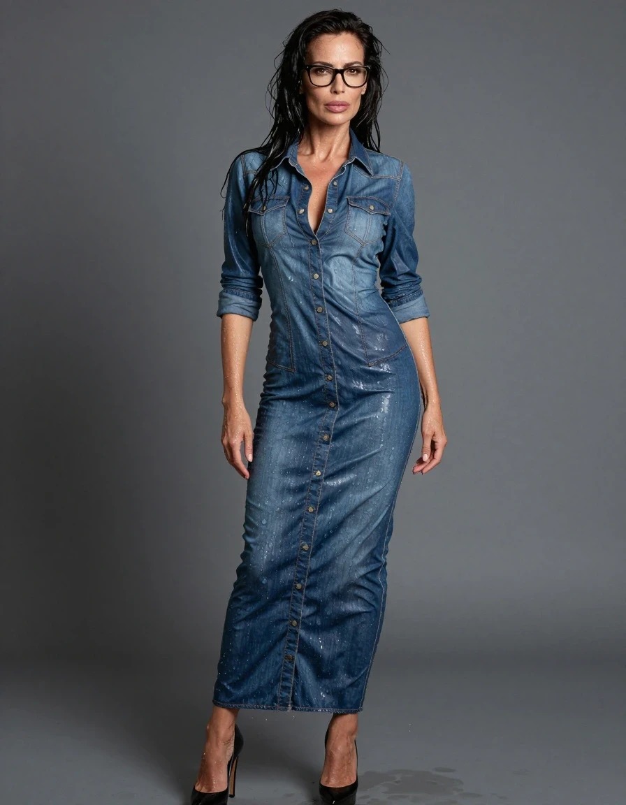 photo of young woman, in soaking wet, drenched clothes,
high-heeled shoes, tight maxi shiny denim shirt dress, tight maxi shiny denim shirt dress, after bath, 
enjoying, wet clothes stuck to body,
detailed textures of the wet clothes, wet face, wet plastered hair,
wet, drenched, professional, high-quality details, full body view.
sharp focus, ultra-high pixel detail, realistic, high-quality, full colors, incredibly detailed, 4k, 8k, 16k, hyper-realistic, RAW photo, masterpiece, ultra-detailed, professionally color graded, professional photograph, europen brunette skinny woman 50 years old, long dark black hair, office glasses, very big and thick lips, complete body, wet skin, wet clothes, damp fabric, wet skin, wet clothes, damp fabric, wet skin, wet clothes, damp fabric, wet skin, wet clothes, damp fabric, wet skin, wet clothes, damp fabric, wet skin, wet clothes, damp fabric, wet skin, wet clothes, damp fabric