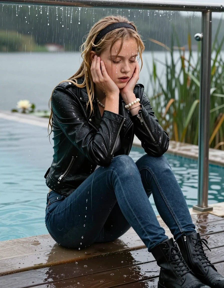 photo of young woman, in soaking wet, drenched clothes,
Black high boots, Dark blue levis skinny jeans, Black biker leatherjacket, Open jacket, tight v-neck sweater, shoulderbag, pearl necklace, bracelet, wristwatch, Orgasm in jetty by the lake with water lilies and reeds, 
enjoying, wet clothes stuck to body,
detailed textures of the wet clothes, wet face, wet plastered hair,
wet, drenched, professional, high-quality details, full body view.
sharp focus, ultra-high pixel detail, realistic, high-quality, full colors, incredibly detailed, 4k, 8k, 16k, hyper-realistic, RAW photo, masterpiece, ultra-detailed, professionally color graded, professional photograph, A realistic vertical fashion photograph taken from a backward, behind-the-back angle of a 12-year-old teenage girl sitting  in a glass-walled outdoor swimming pool, facing down to the camera to show her back. She is tilting her head at camera, letting the water drench her hair so it is glued flat against her head and body. She has blonde long sleek hair with birkin bangs and hairband, completely saturated and dripping wet hair, with water cascading down her face and neck. Afraid and astonished Expression. Hold her hands on her chin. Closed mouth, closed eyes. The lighting is bright and cinematic, highlighting the glistening water droplets on her skin and the saturated texture of her  casual clothes. Outside the large glass wall of the pool building, heavy rain is visible falling against the window. Soft, moody indoor lighting with reflections on the water. High-quality fashion photography style.
her clothing is soaking wet and clinging tightly to her skin, showing heavy wet folds, darkened fabric texture, and deep water-saturated Patches, her clothes are heavy from the water, water runs from her body and her clothes in streams. A lot of water also runs out of her clothes. Her clothes are darkened by the water. 
hyper-realistic wetness, high-contrast water sheen, sharp focus, 16k resolution, professional photography, realistic water physics., wet skin, wet clothes, damp fabric, wet skin, wet clothes, damp fabric, wet skin, wet clothes, damp fabric, wet skin, wet clothes, damp fabric, wet skin, wet clothes, damp fabric, wet skin, wet clothes, damp fabric, wet skin, wet clothes, damp fabric, wet skin, wet clothes, damp fabric, wet skin, wet clothes, damp fabric, wet skin, wet clothes, damp fabric, wet skin, wet clothes, damp fabric, wet skin, wet clothes, damp fabric, wet skin, wet clothes, damp fabric, wet skin, wet clothes, damp fabric, wet skin, wet clothes, damp fabric, wet skin, wet clothes, damp fabric, wet skin, wet clothes, damp fabric, wet skin, wet clothes, damp fabric, wet skin, wet clothes, damp fabric, wet skin, wet clothes, damp fabric, wet skin, wet clothes, damp fabric, wet skin, wet clothes, damp fabric