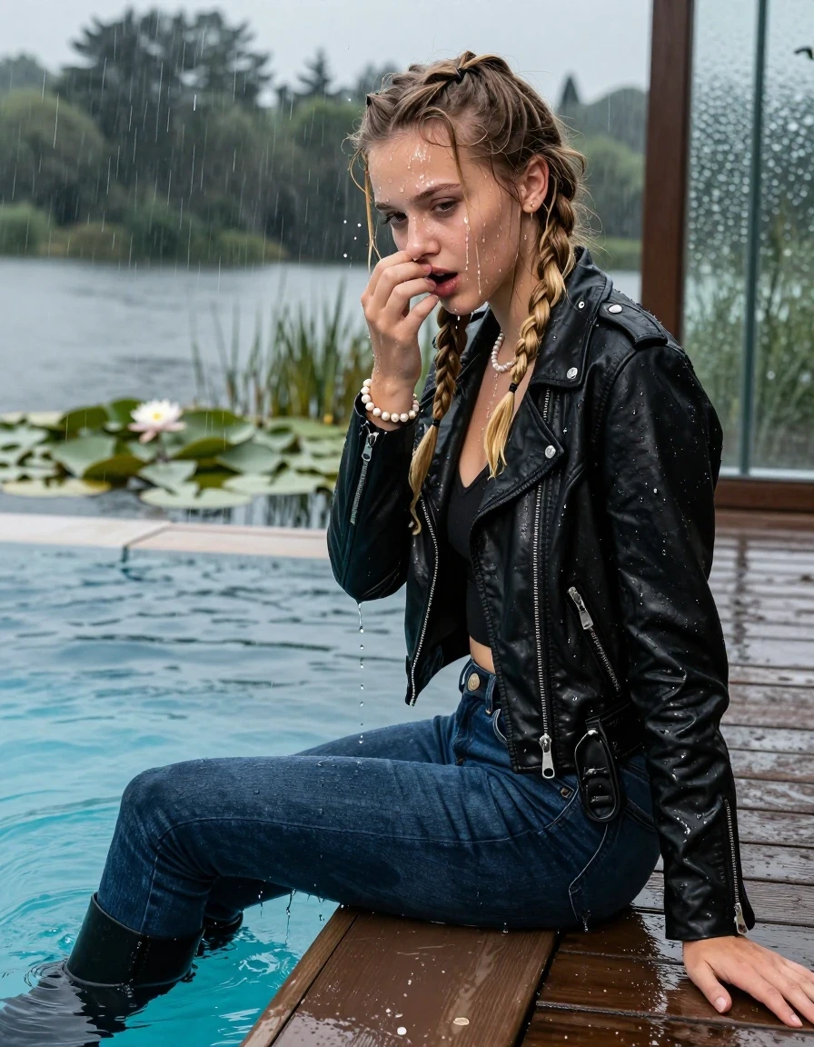 photo of young woman, in soaking wet, drenched clothes,
Black high boots, Dark blue levis skinny jeans, Black biker leatherjacket, Open jacket, tight v-neck sweater, shoulderbag, pearl necklace, bracelet, wristwatch, Orgasm in jetty by the lake with water lilies and reeds, 
enjoying, wet clothes stuck to body,
detailed textures of the wet clothes, wet face, wet plastered hair,
wet, drenched, professional, high-quality details, full body view.
sharp focus, ultra-high pixel detail, realistic, high-quality, full colors, incredibly detailed, 4k, 8k, 16k, hyper-realistic, RAW photo, masterpiece, ultra-detailed, professionally color graded, professional photograph, A realistic vertical fashion photograph taken from a backward, behind-the-back angle of a 15-year-old teenage girl sitting  in a glass-walled outdoor swimming pool, facing down to the camera to show her back. She is tilting her head at camera, letting the water drench her hair so it is glued flat against her head and body. She has two blonde long braids , completely saturated and dripping wet hair, with water cascading down her face and neck. Afraid and astonished Expression. Hold a hand over her nose. Closed mouth, half closed eyes. The lighting is bright and cinematic, highlighting the glistening water droplets on her skin and the saturated texture of her  casual clothes. Outside the large glass wall of the pool building, heavy rain is visible falling against the window. Soft, moody indoor lighting with reflections on the water. High-quality fashion photography style.
her clothing is soaking wet and clinging tightly to her skin, showing heavy wet folds, darkened fabric texture, and deep water-saturated Patches, her clothes are heavy from the water, water runs from her body and her clothes in streams. A lot of water also runs out of her clothes. Her clothes are darkened by the water. 
hyper-realistic wetness, high-contrast water sheen, sharp focus, 16k resolution, professional photography, realistic water physics., wet skin, wet clothes, damp fabric, wet skin, wet clothes, damp fabric, wet skin, wet clothes, damp fabric, wet skin, wet clothes, damp fabric, wet skin, wet clothes, damp fabric, wet skin, wet clothes, damp fabric, wet skin, wet clothes, damp fabric, wet skin, wet clothes, damp fabric, wet skin, wet clothes, damp fabric, wet skin, wet clothes, damp fabric, wet skin, wet clothes, damp fabric, wet skin, wet clothes, damp fabric, wet skin, wet clothes, damp fabric, wet skin, wet clothes, damp fabric, wet skin, wet clothes, damp fabric, wet skin, wet clothes, damp fabric, wet skin, wet clothes, damp fabric, wet skin, wet clothes, damp fabric, wet skin, wet clothes, damp fabric, wet skin, wet clothes, damp fabric, wet skin, wet clothes, damp fabric