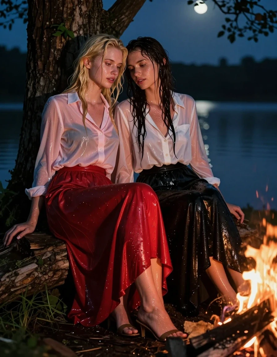 A photorealistic, high-detail night scene by a tranquil lake. A young adult European blonde woman and a brunette woman are sitting under a sprawling tree, leaning on each other romantically near a warm, flickering campfire. The blonde woman is wearing a light pink buttoned-down blouse and a floor-length red silk skirt over stockings, with her feet in sandals. The brunette woman is wearing a sheer white blouse and a black maxi skirt. Both women and their clothing are visibly soaked, with wet, matted hair clinging to their faces and necks. The red silk skirt and black maxi skirt are heavy with water, clinging to their legs, showing dark, saturated tones, deep folds, and a glossy, wet sheen that reflects the campfire light. The sheer white blouse and light pink blouse are translucent and clinging to their skin due to the water. The campfire casts a warm, golden glow on their wet skin and damp clothing, creating strong specular highlights on the fabric textures and water droplets. The background features the dark, reflective surface of the lake under a moonlit sky. Cinematic composition, 8k resolution, highly detailed textures, realistic water physics, soft ambient light.