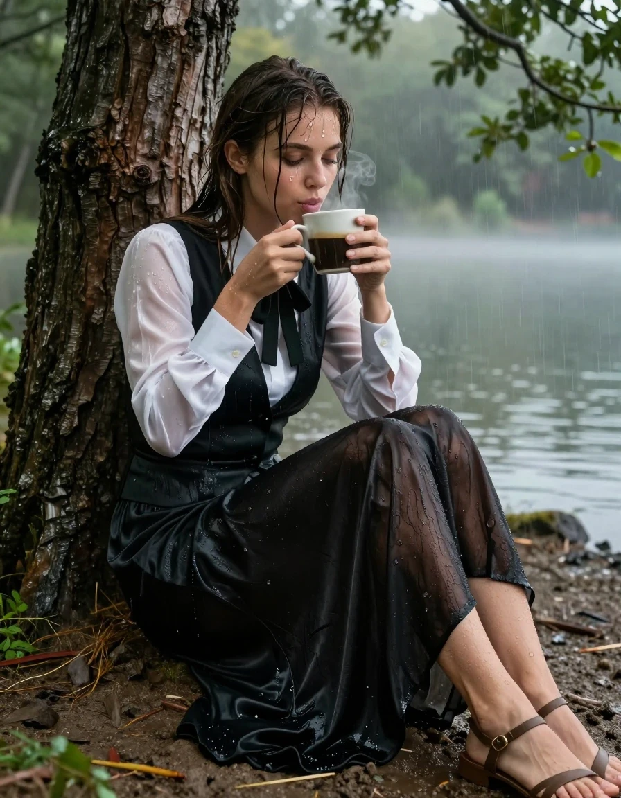 A young adult European woman sitting under a large tree by a forest lake shore, completely drenched from a recent downpour. She is wearing a crisp white satin blouse layered under a tailored black elegant vest with a bowtie, and a floor-length silk skirt, all fabric heavy, clinging, and translucent from total saturation. Her skin is glistening with water sheen, hair damp and plastered to her face, with visible droplets running down her neck. She is wearing strappy sandals, her feet resting on the damp, dark sand. She is holding a steaming ceramic mug of coffee, sipping it with a calm expression. The clothing shows deep, dark patches of water absorption, heavy folds, and clinging texture. The atmosphere is misty and damp, with soft, diffused natural light filtering through the forest canopy, creating specular highlights on her wet skin and the saturated fabric. Photorealistic, cinematic lighting, high-resolution texture, detailed wetness, 8k, sharp focus.