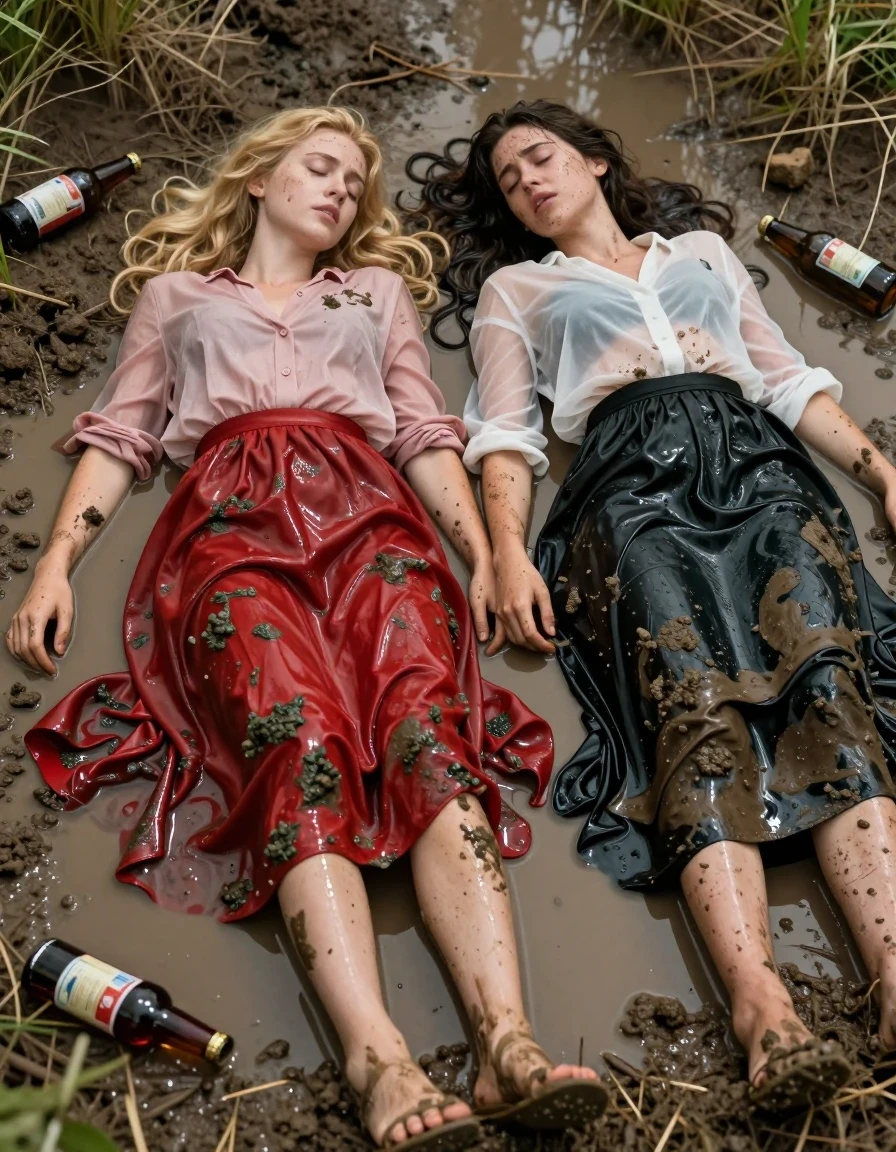 Hyper-realistic cinematic wide shot of two young European women, one blonde and one brunette, waking up suddenly from sleep while laying in a shallow, murky puddle in an open field. Both women are caked in thick, dark mud, with mud streaks across their faces, limbs, and clothing. The blonde woman wears a light pink buttoned-down blouse and a floor-length red silk skirt that is clinging to her legs, heavily soaked and translucent in areas, showing deep saturation and water-darkened folds, paired with stockings and sandals. The brunette woman wears a sheer white blouse that is clinging to her skin due to wetness, and a black maxi skirt that is heavy with water, clinging to her form with distinct dark patches and wet texture. The scene is scattered with discarded beer bottles in the mud. The lighting is natural, overcast daylight, emphasizing the high-gloss sheen of the water on their skin, hair, and saturated fabrics. Extremely detailed textures of wet mud, clinging wet clothing, and skin reflections, 8k resolution, photographic quality, sharp focus on expressions of confusion and sudden awakening.