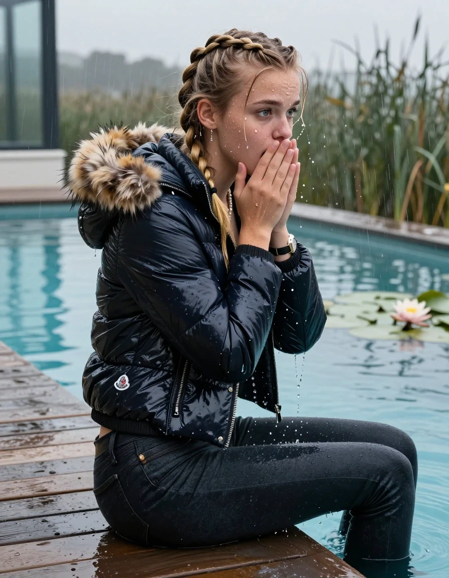 photo of young woman, in soaking wet, drenched clothes,
, Dark levis skinny jeans, Moncler shiny puffer down jacket with fur, Open jacket, tight v-neck sweater, shoulderbag, pearl necklace, bracelet, wristwatch, Orgasm in jetty by the lake with water lilies and reeds, 
enjoying, wet clothes stuck to body,
detailed textures of the wet clothes, wet face, wet plastered hair,
wet, drenched, professional, high-quality details, full body view.
sharp focus, ultra-high pixel detail, realistic, high-quality, full colors, incredibly detailed, 4k, 8k, 16k, hyper-realistic, RAW photo, masterpiece, ultra-detailed, professionally color graded, professional photograph, A realistic vertical fashion photograph taken from a backward, behind-the-back angle of a 15-year-old teenage girl sitting  in a glass-walled outdoor swimming pool, facing down to the camera to show her back. She is tilting her head at camera, letting the water drench her hair so it is glued flat against her head and body. She has two blonde long braids , completely saturated and dripping wet hair, with water cascading down her face and neck. Afraid and astonished expression. cover her mouth with her hands. open mouth, big eyes. The lighting is bright and cinematic, highlighting the glistening water droplets on her skin and the saturated texture of her  casual clothes. Outside the large glass wall of the pool building, heavy rain is visible falling against the window. Soft, moody indoor lighting with reflections on the water. High-quality fashion photography style.
her clothing is soaking wet and clinging tightly to her skin, showing heavy wet folds, darkened fabric texture, and deep water-saturated Patches, her clothes are heavy from the water, water runs from her body and her clothes in streams. A lot of water also runs out of her clothes. Her clothes are darkened by the water. 
hyper-realistic wetness, high-contrast water sheen, sharp focus, 16k resolution, professional photography, realistic water physics., wet skin, wet clothes, damp fabric, wet skin, wet clothes, damp fabric, wet skin, wet clothes, damp fabric, wet skin, wet clothes, damp fabric, wet skin, wet clothes, damp fabric, wet skin, wet clothes, damp fabric, wet skin, wet clothes, damp fabric, wet skin, wet clothes, damp fabric, wet skin, wet clothes, damp fabric, wet skin, wet clothes, damp fabric, wet skin, wet clothes, damp fabric, wet skin, wet clothes, damp fabric, wet skin, wet clothes, damp fabric, wet skin, wet clothes, damp fabric, wet skin, wet clothes, damp fabric, wet skin, wet clothes, damp fabric, wet skin, wet clothes, damp fabric, wet skin, wet clothes, damp fabric, wet skin, wet clothes, damp fabric, wet skin, wet clothes, damp fabric, wet skin, wet clothes, damp fabric