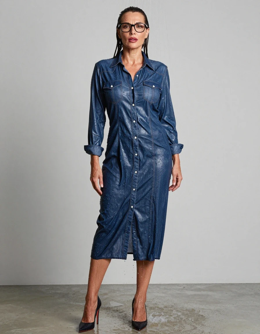 photo of young woman, in soaking wet, drenched clothes,
high-heeled shoes, maxi shiny dark blue denim shirt dress, maxi shiny dark blue denim shirt dress, splashing with the shower after bath , 
enjoying, wet clothes stuck to body,
detailed textures of the wet clothes, wet face, wet plastered hair,
wet, drenched, professional, high-quality details, full body view.
sharp focus, ultra-high pixel detail, realistic, high-quality, full colors, incredibly detailed, 4k, 8k, 16k, hyper-realistic, RAW photo, masterpiece, ultra-detailed, professionally color graded, professional photograph, europen brunette skinny woman 50 years old, long dark black hair, office glasses, very big and thick lips, complete body, wet skin, wet clothes, damp fabric, wet skin, wet clothes, damp fabric, wet skin, wet clothes, damp fabric, wet skin, wet clothes, damp fabric, wet skin, wet clothes, damp fabric, wet skin, wet clothes, damp fabric, wet skin, wet clothes, damp fabric