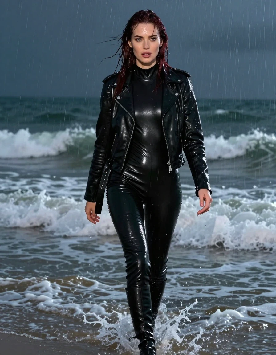 photo of young woman, in soaking wet, drenched clothes,
black leather knee-high boots, black vinyl pants, black wet-look polar neck catsuit , black bikers leather jacket, walking in the waves at the beach, night, heavy rain, 
enjoying, wet clothes stuck to body,
detailed textures of the wet clothes, wet face, wet plastered hair,
wet, drenched, professional, high-quality details, full body view.
sharp focus, ultra-high pixel detail, realistic, high-quality, full colors, incredibly detailed, 4k, 8k, 16k, hyper-realistic, RAW photo, masterpiece, ultra-detailed, professionally color graded, professional photograph, white American woman, long dripping shoulder-length dark auburn hair, wet skin, wet clothes, damp fabric, wet skin, wet clothes, damp fabric, wet skin, wet clothes, damp fabric