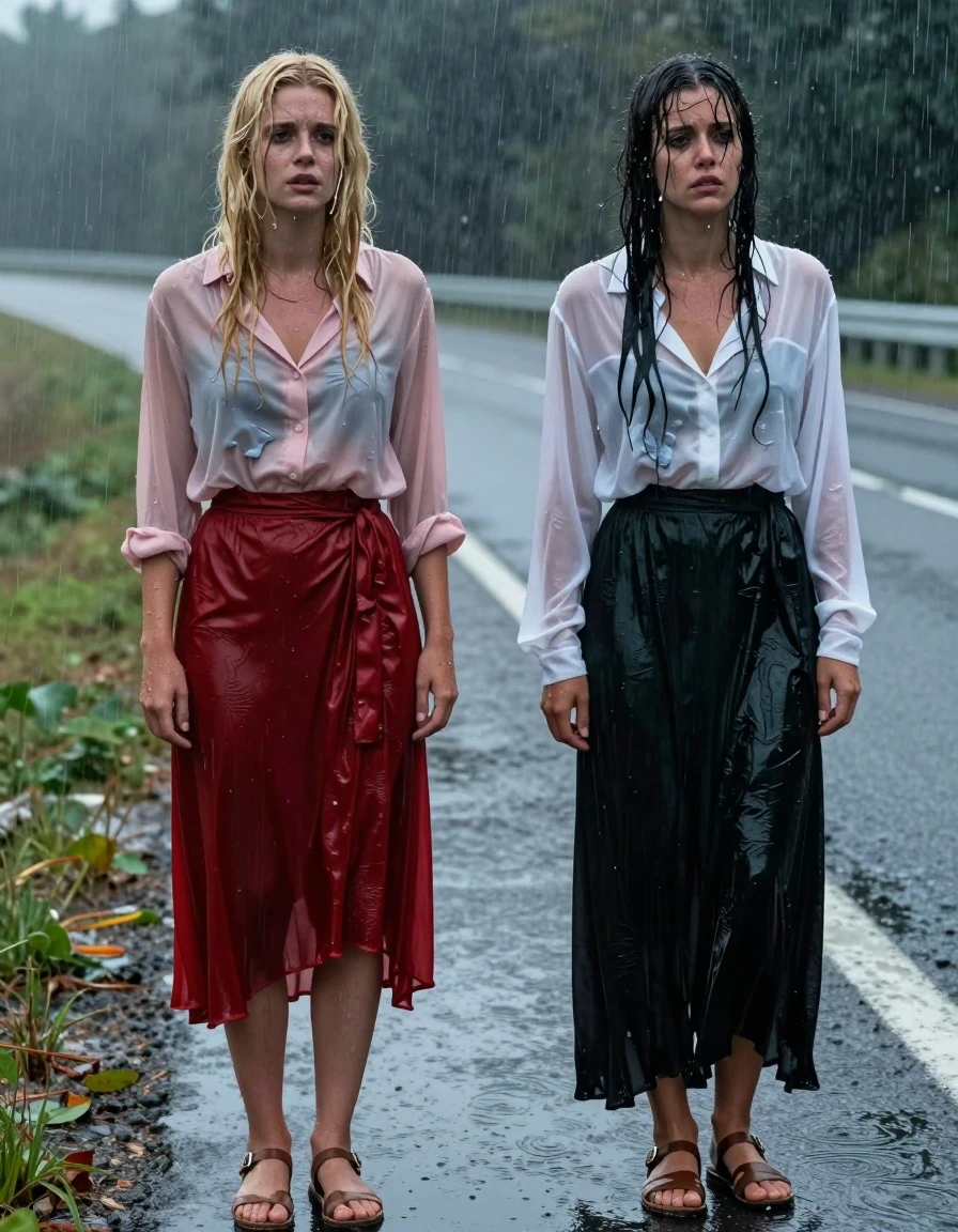 A hyper-realistic cinematic shot of two exhausted young adult European women, a blonde and a brunette, hitchhiking on the side of a rain-swept highway. The blonde wears a light pink buttoned-down blouse and a floor-length red silk skirt with stockings and sandals, while the brunette wears a sheer white blouse and a black maxi skirt. Both women appear physically drained after a long journey, with rain-drenched hair plastered to their faces and skin glistening with water. Their clothing is heavily soaked, with the silk and sheer fabrics clinging tightly to their bodies, showing deep color saturation, heavy wet folds, and dark, translucent patches where the material is water-saturated. The scene is set in a downpour at dusk, with water sheeting off their garments and pooling around their sandals. The lighting is moody and dim, highlighting the wet textures and the glossy sheen on their soaked clothing. Shot on 35mm lens, high-detail skin texture, realistic rain droplets, atmospheric wet environment, sharp focus on subjects, cinematic composition.