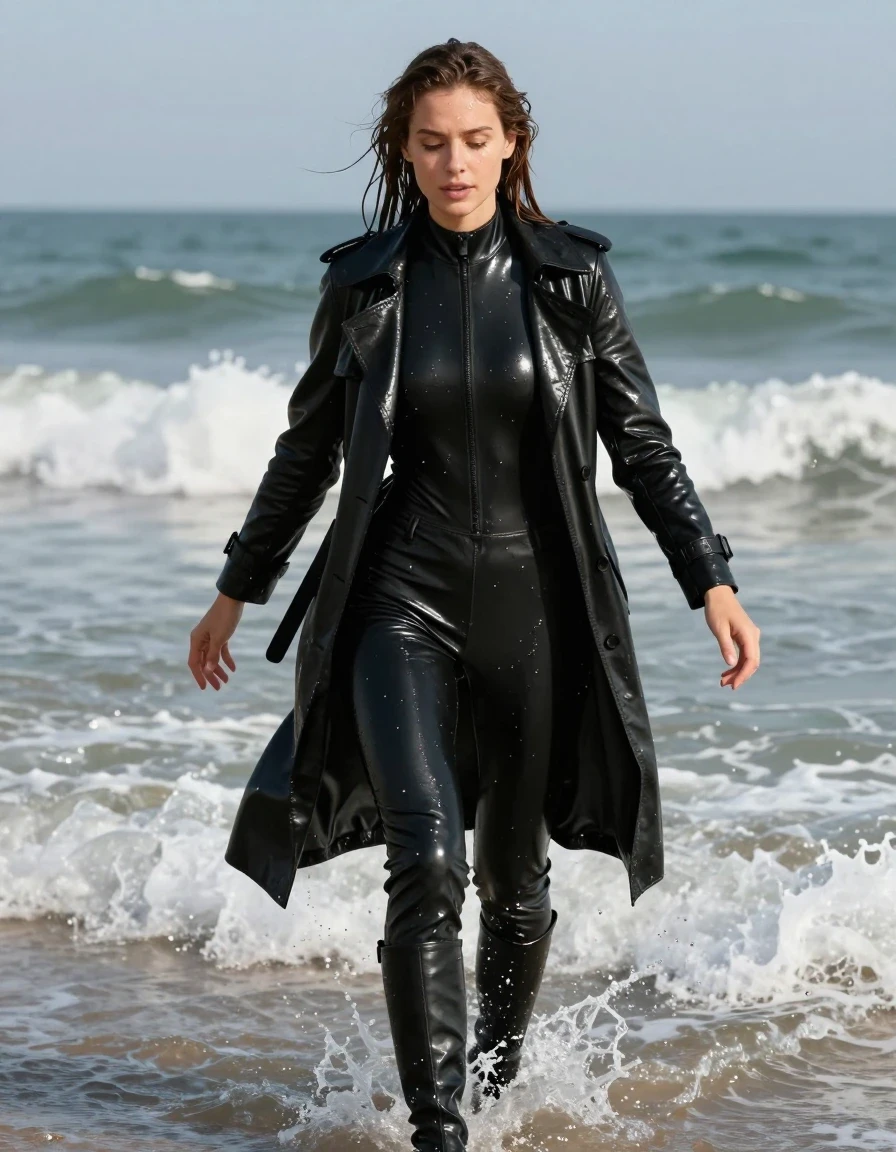 photo of young woman, in soaking wet, drenched clothes,
black leather knee-high boots, black vinyl pants, black vinyl polar neck catsuit , black vinyl trench coat, diving into the waves at the beach, 
enjoying, wet clothes stuck to body,
detailed textures of the wet clothes, wet face, wet plastered hair,
wet, drenched, professional, high-quality details, full body view.
sharp focus, ultra-high pixel detail, realistic, high-quality, full colors, incredibly detailed, 4k, 8k, 16k, hyper-realistic, RAW photo, masterpiece, ultra-detailed, professionally color graded, professional photograph, white woman, long dripping wet brown hair,, wet skin, wet clothes, damp fabric, wet skin, wet clothes, damp fabric, wet skin, wet clothes, damp fabric