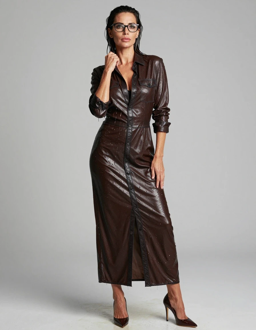 photo of young woman, in soaking wet, drenched clothes,
high-heeled shoes, maxi shiny dark brown denim shirt dress, maxi shiny dark brown denim shirt dress, after shower, 
enjoying, wet clothes stuck to body,
detailed textures of the wet clothes, wet face, wet plastered hair,
wet, drenched, professional, high-quality details, full body view.
sharp focus, ultra-high pixel detail, realistic, high-quality, full colors, incredibly detailed, 4k, 8k, 16k, hyper-realistic, RAW photo, masterpiece, ultra-detailed, professionally color graded, professional photograph, europen brunette skinny woman 50 years old, long dark black hair, office glasses, very big and thick lips, complete body, wet skin, wet clothes, damp fabric, wet skin, wet clothes, damp fabric, wet skin, wet clothes, damp fabric, wet skin, wet clothes, damp fabric, wet skin, wet clothes, damp fabric, wet skin, wet clothes, damp fabric, wet skin, wet clothes, damp fabric