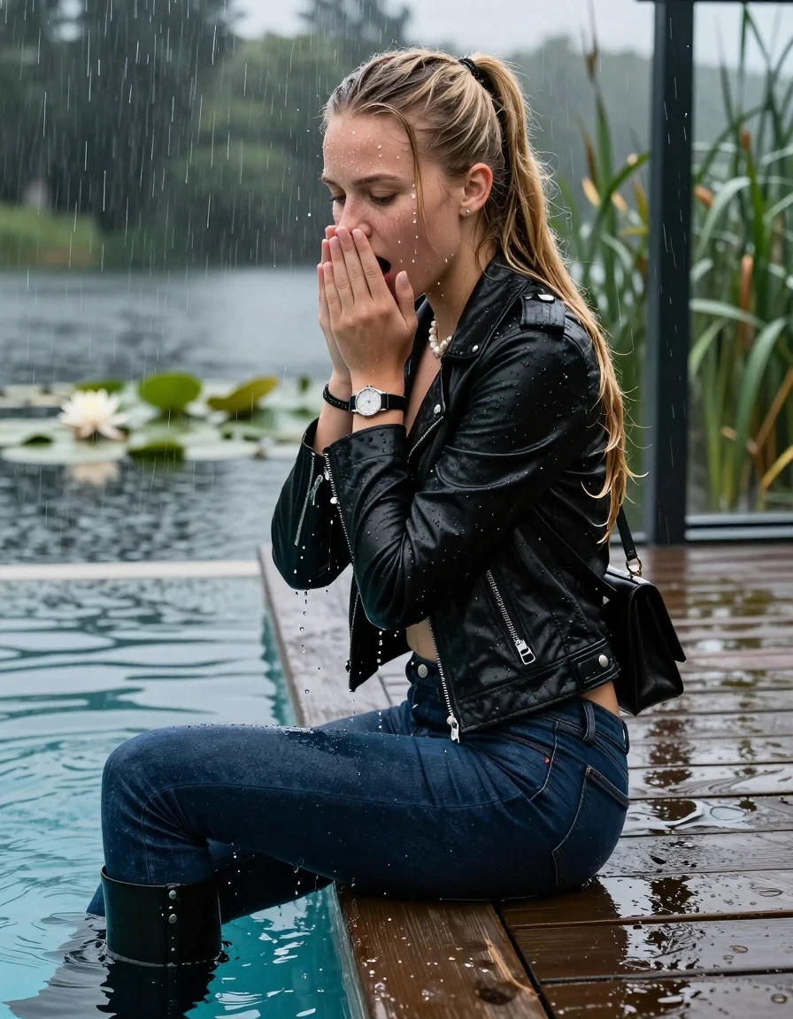 photo of young woman, in soaking wet, drenched clothes,
Black high boots, Dark blue levis skinny jeans, Black biker leatherjacket, Open jacket, tight v-neck sweater, shoulderbag, pearl necklace, bracelet, wristwatch, Orgasm in jetty by the lake with water lilies and reeds, 
enjoying, wet clothes stuck to body,
detailed textures of the wet clothes, wet face, wet plastered hair,
wet, drenched, professional, high-quality details, full body view.
sharp focus, ultra-high pixel detail, realistic, high-quality, full colors, incredibly detailed, 4k, 8k, 16k, hyper-realistic, RAW photo, masterpiece, ultra-detailed, professionally color graded, professional photograph, A realistic vertical fashion photograph taken from a backward, behind-the-back angle of a 12-year-old teenage girl sitting  in a glass-walled outdoor swimming pool, facing down to the camera to show her back. She is tilting her head at camera, letting the water drench her hair so it is glued flat against her head and body. She has a blonde long sleek ponytail, completely saturated and dripping wet hair, with water cascading down her face and neck. Afraid and astonished Expression. Hold her hands over her mouth. Closed mouth, closed eyes. The lighting is bright and cinematic, highlighting the glistening water droplets on her skin and the saturated texture of her  casual clothes. Outside the large glass wall of the pool building, heavy rain is visible falling against the window. Soft, moody indoor lighting with reflections on the water. High-quality fashion photography style.
her clothing is soaking wet and clinging tightly to her skin, showing heavy wet folds, darkened fabric texture, and deep water-saturated Patches, her clothes are heavy from the water, water runs from her body and her clothes in streams. A lot of water also runs out of her clothes. Her clothes are darkened by the water. 
hyper-realistic wetness, high-contrast water sheen, sharp focus, 16k resolution, professional photography, realistic water physics., wet skin, wet clothes, damp fabric, wet skin, wet clothes, damp fabric, wet skin, wet clothes, damp fabric, wet skin, wet clothes, damp fabric, wet skin, wet clothes, damp fabric, wet skin, wet clothes, damp fabric, wet skin, wet clothes, damp fabric, wet skin, wet clothes, damp fabric, wet skin, wet clothes, damp fabric, wet skin, wet clothes, damp fabric, wet skin, wet clothes, damp fabric, wet skin, wet clothes, damp fabric, wet skin, wet clothes, damp fabric, wet skin, wet clothes, damp fabric, wet skin, wet clothes, damp fabric, wet skin, wet clothes, damp fabric, wet skin, wet clothes, damp fabric, wet skin, wet clothes, damp fabric, wet skin, wet clothes, damp fabric, wet skin, wet clothes, damp fabric, wet skin, wet clothes, damp fabric, wet skin, wet clothes, damp fabric